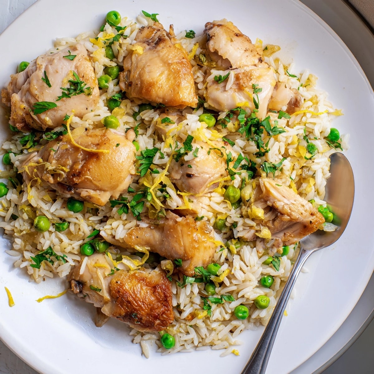 Hearty One-Pot Creamy Lemon Chicken and Rice with zesty sauce and colorful vegetables, perfect for dinner.