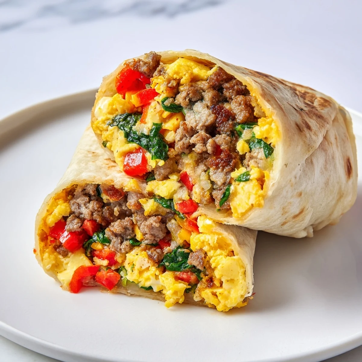 A close-up of fully-loaded Make-Ahead Breakfast Burritos with a soft, warm flour tortilla ready to eat.