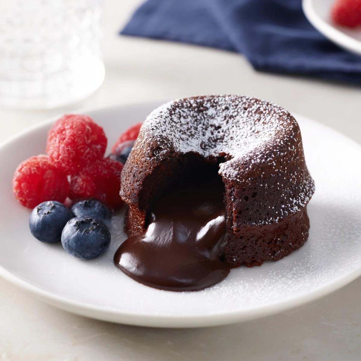 A close-up of a mini chocolate lava cake, ready to be enjoyed with fresh berries.