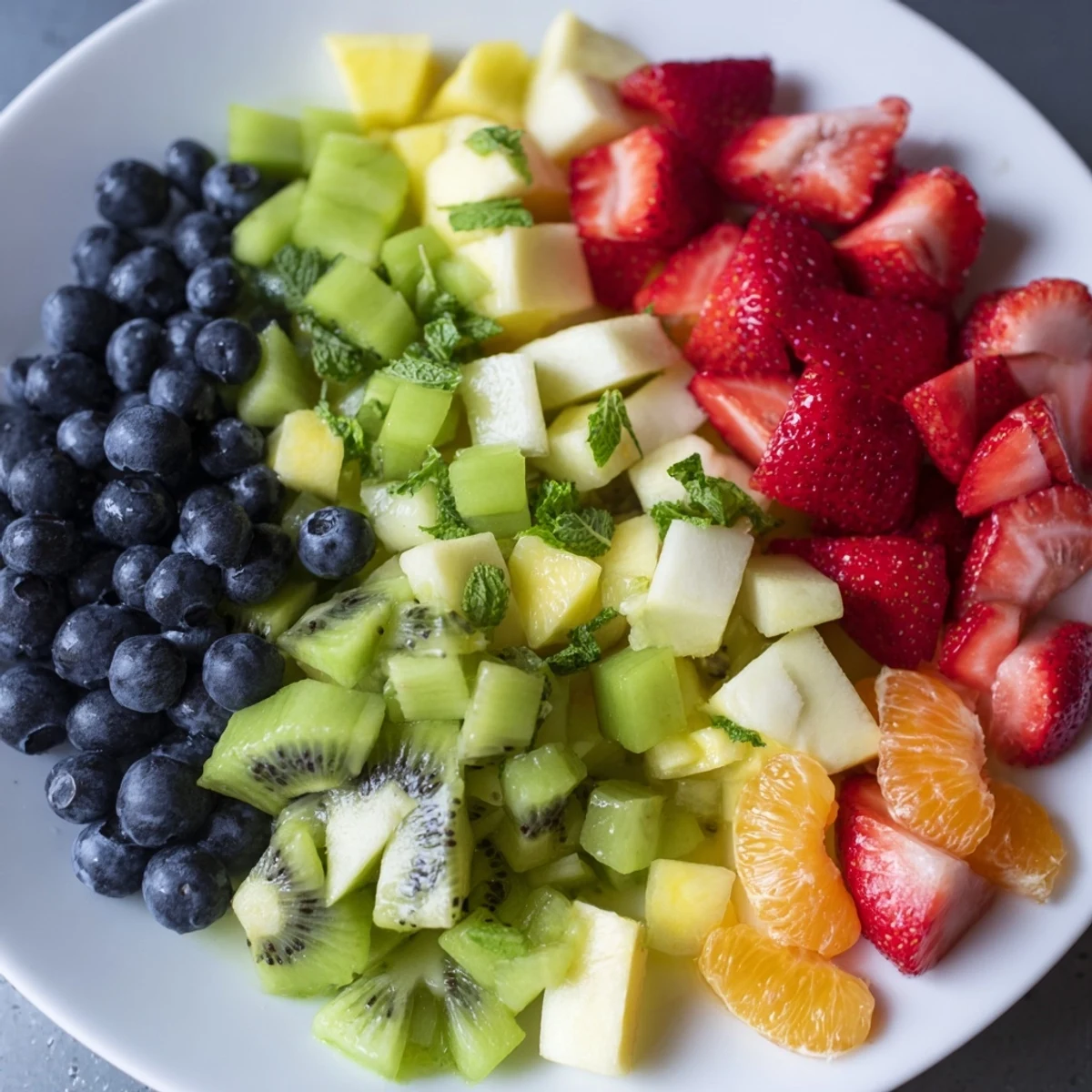Refreshing fruit salad glistening with a sweet honey-lime dressing, a colorful dessert delight.