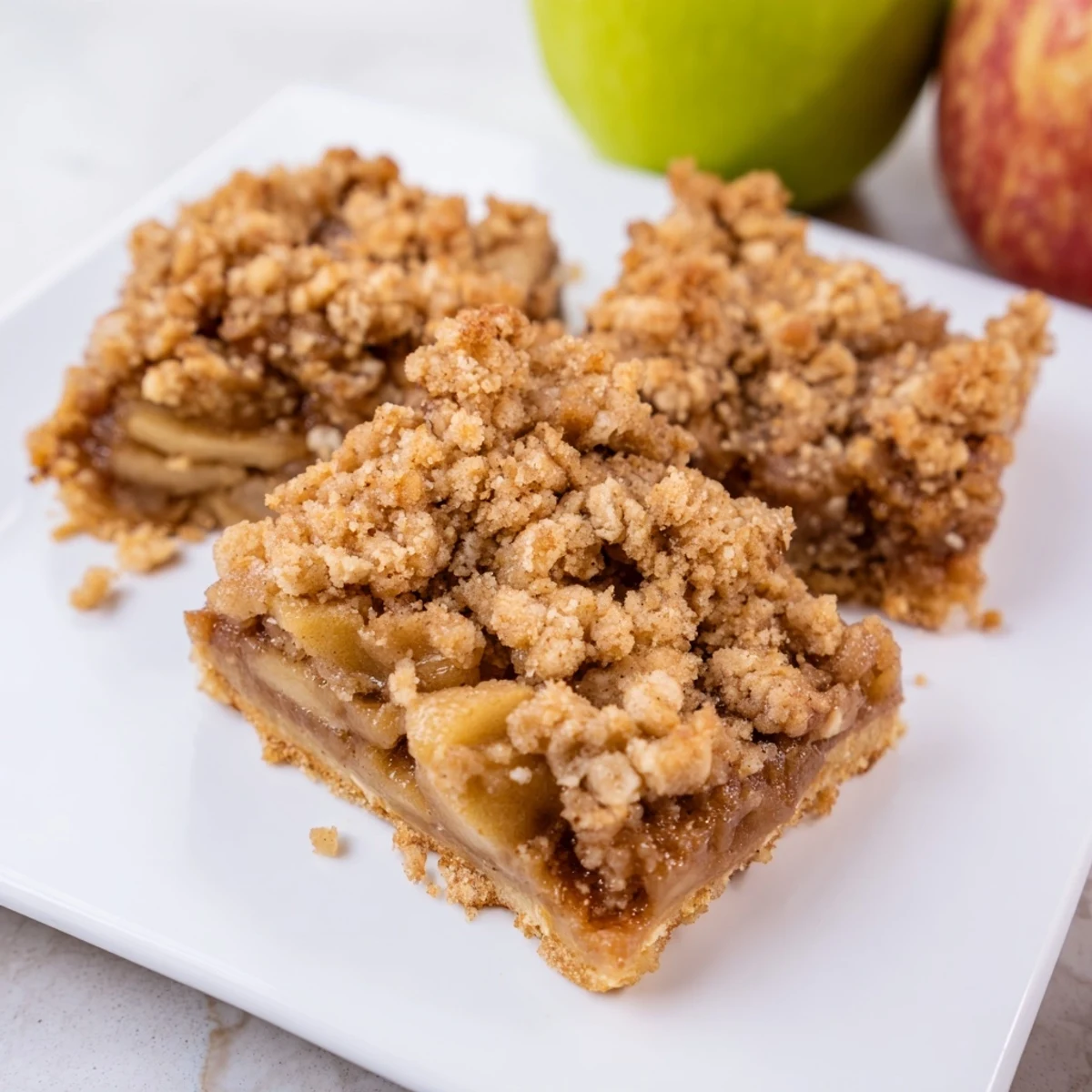 Golden, bubbly Rustic Apple and Cinnamon Crumb Bake, a perfect warm dessert, begging to be served with ice cream.