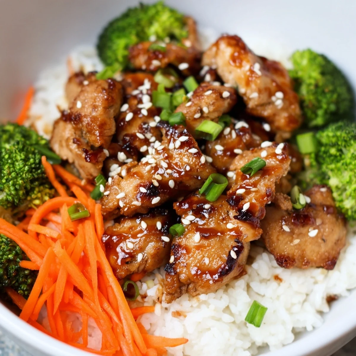 A vibrant photo of easy 20-minute chicken teriyaki bowls, a complete meal with fresh garnishes and savory sauce.