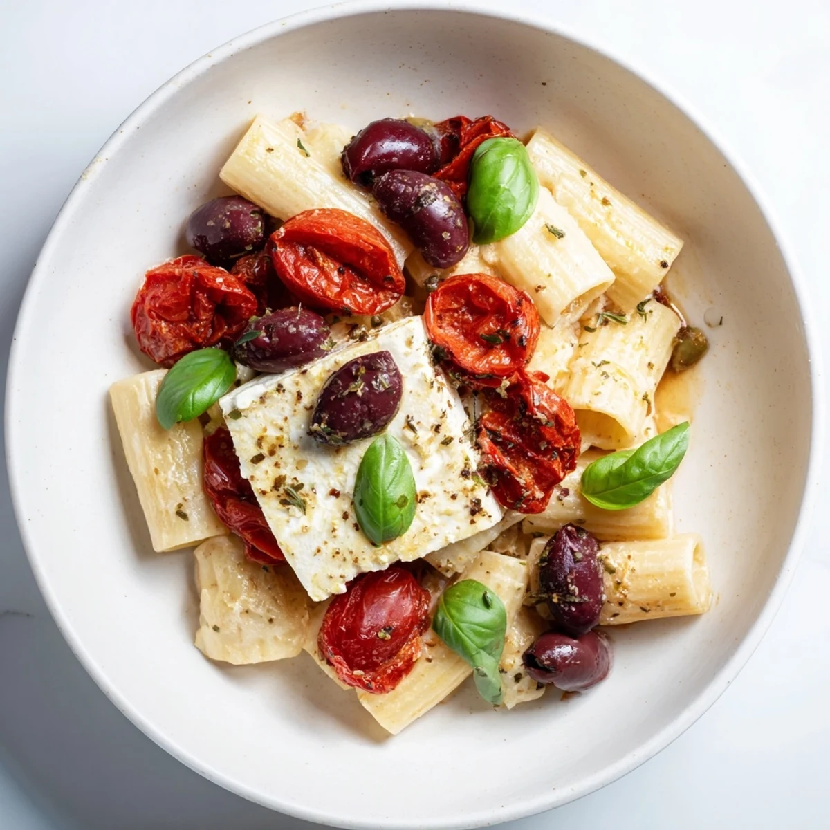 A close-up shot of rich and creamy baked feta pasta, aromatic with fresh basil.