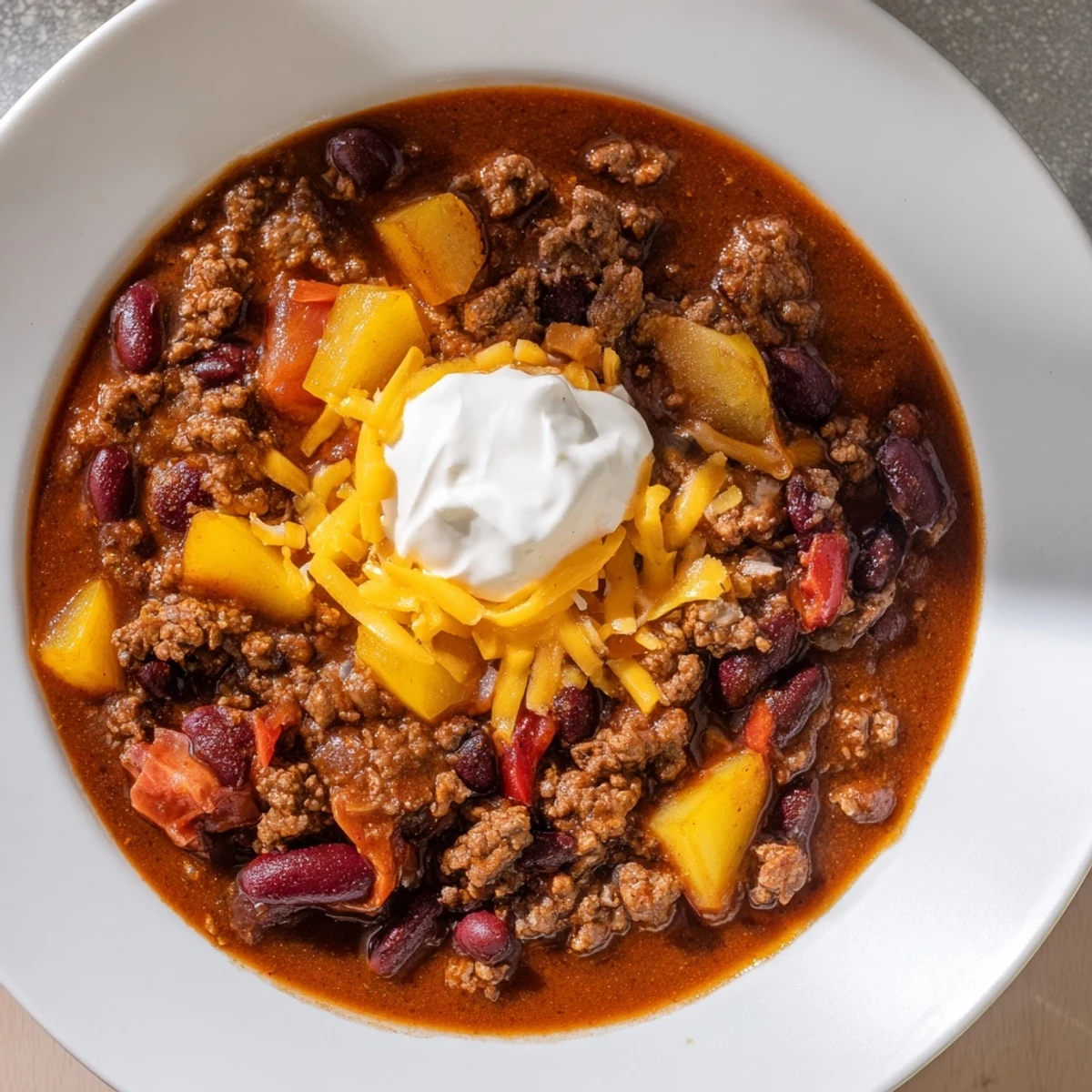 Steaming Simple Weeknight Chili in a bowl, topped with cheese and a dollop of sour cream.
