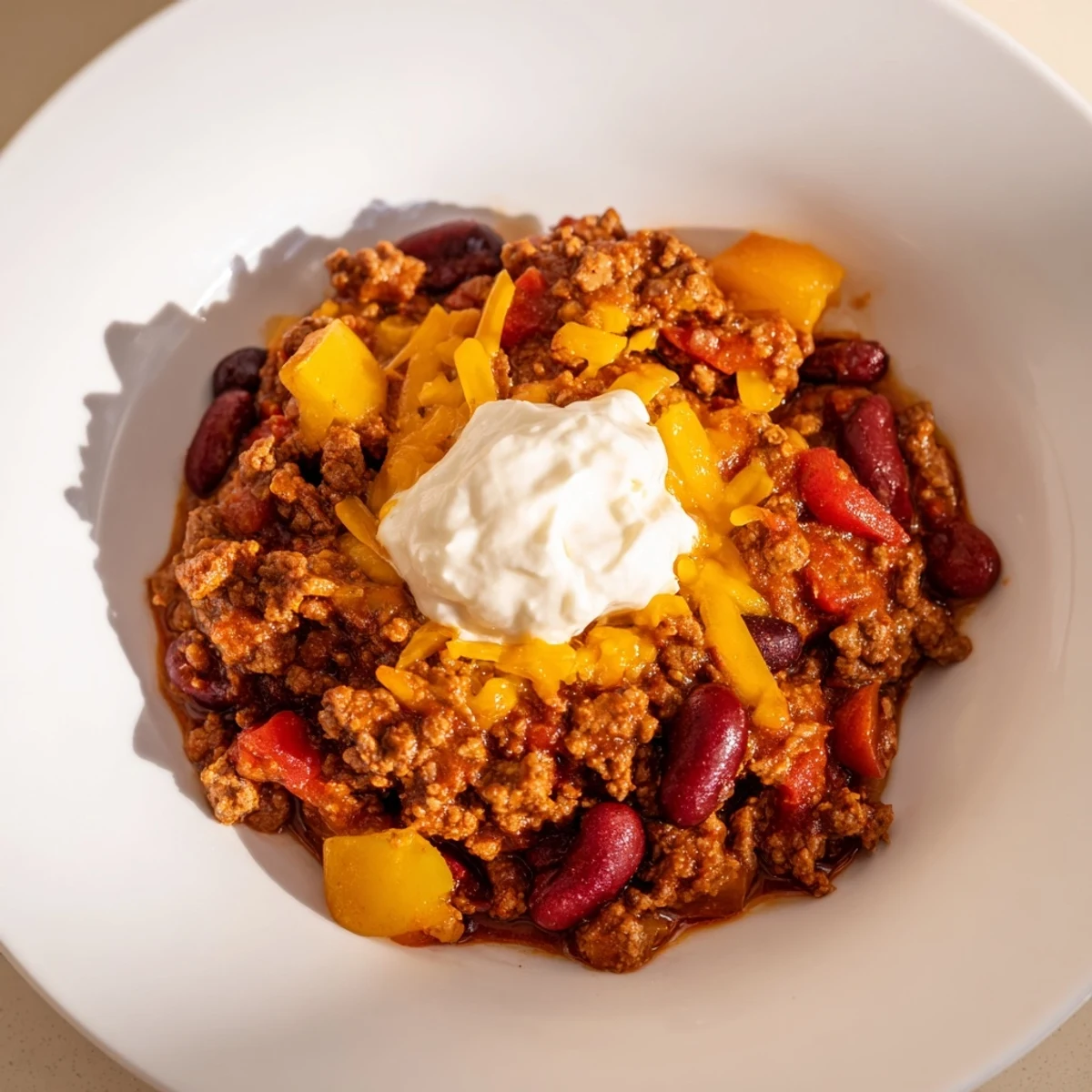 A close-up of a hearty Simple Weeknight Chili, perfect for a fast, delicious, homestyle dinner.