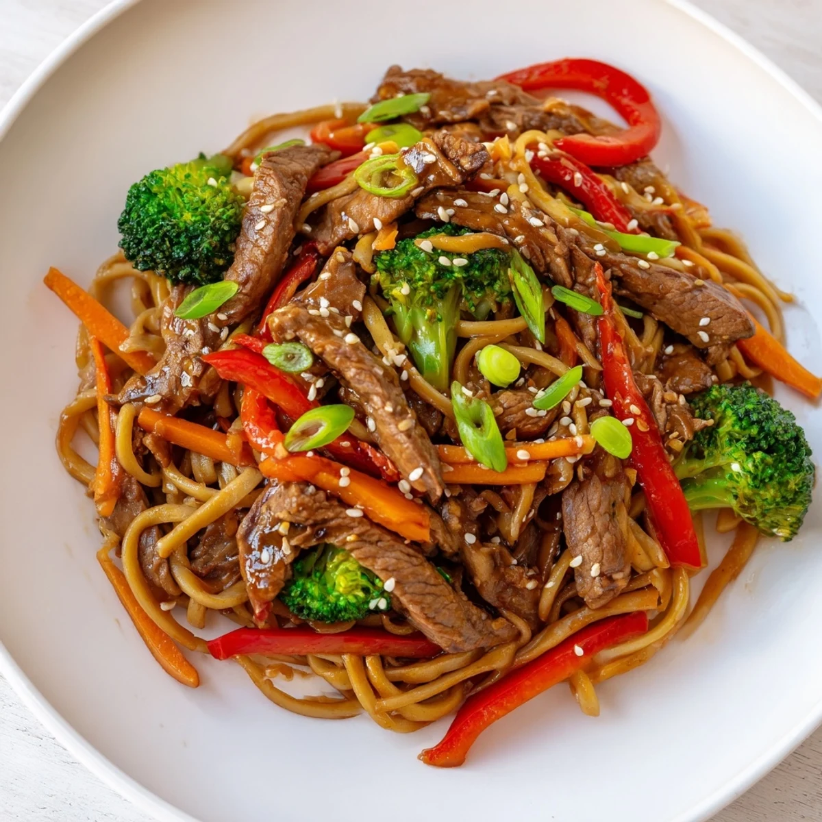 Steaming bowl of delicious Easy Beef Stir-Fry with Lo Mein Noodles, ready to serve with fresh green onions.
