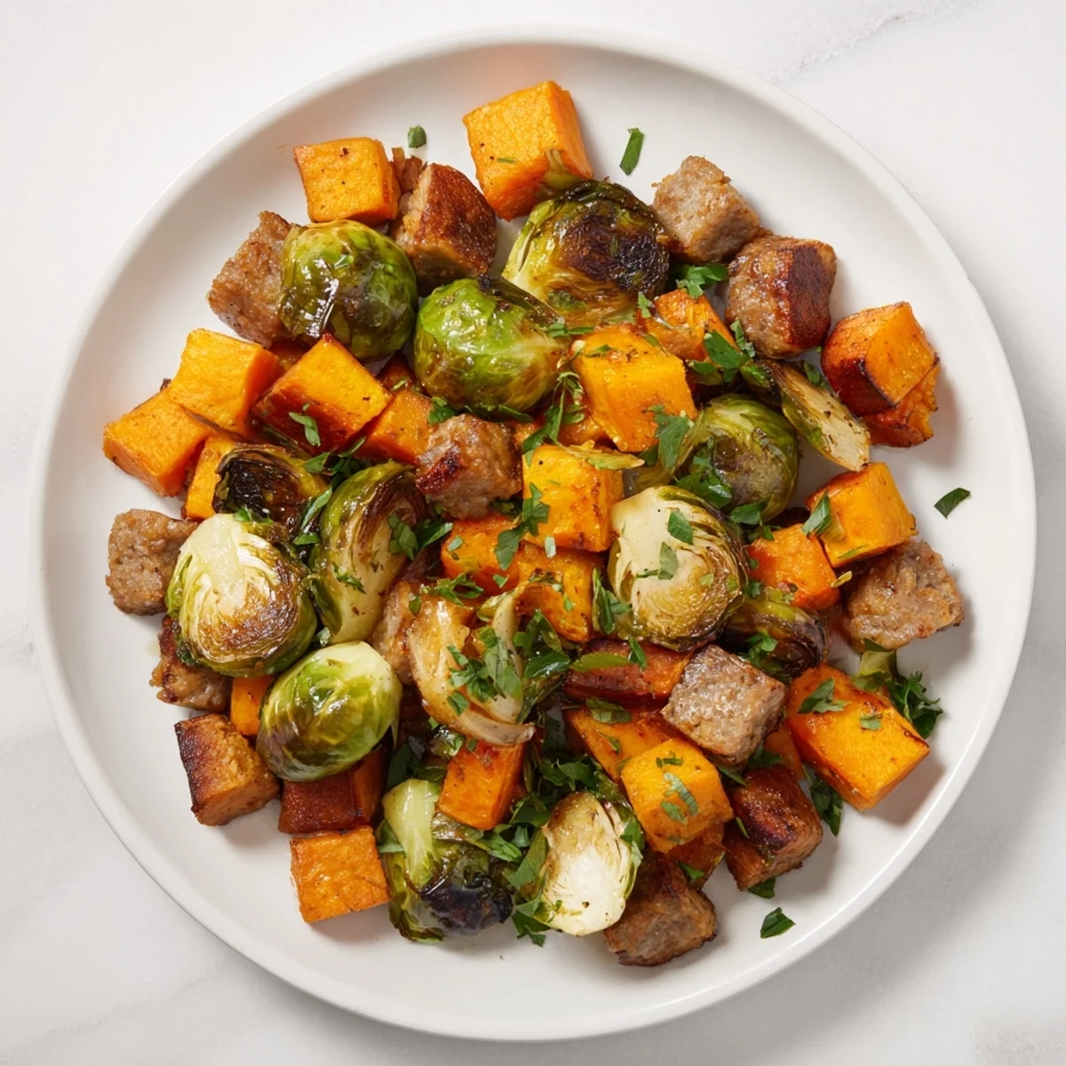 Sheet Pan Sausage, Sweet Potato, and Brussels Sprouts, a vibrant, roasted meal with crispy vegetables.