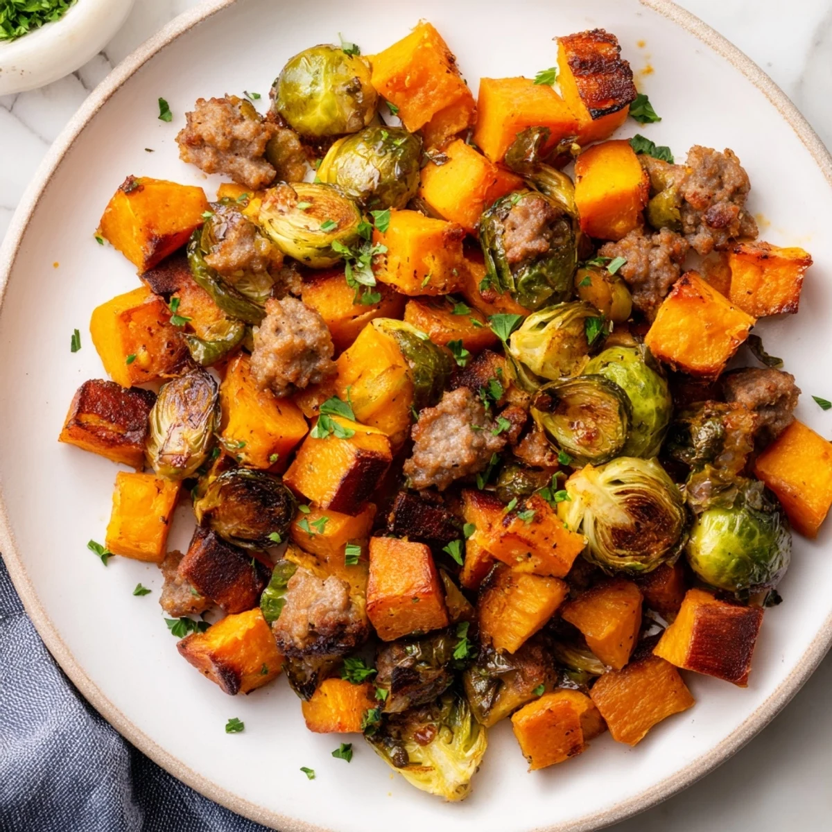 Golden brown Sheet Pan Sausage, Sweet Potato, and Brussels Sprouts offer a delicious, easy dinner idea.