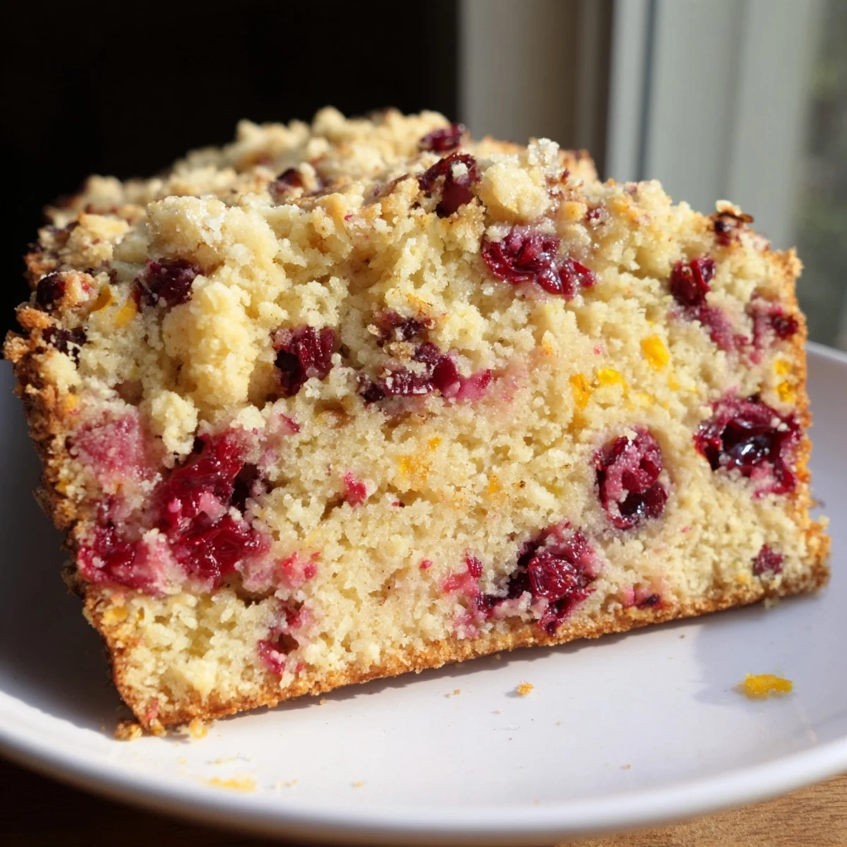 A warm, freshly baked loaf of Seasonal Cranberry and Orange Bread with visible orange zest.