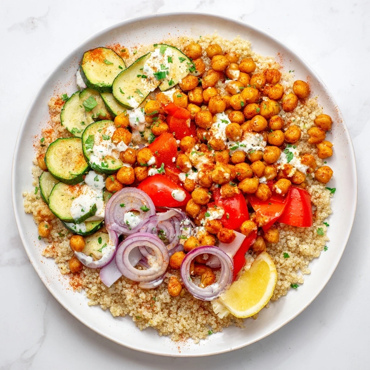 Mediterranean Chickpea and Veggie Grain Bowl: A colorful bowl of roasted vegetables and chickpeas, ready to eat.