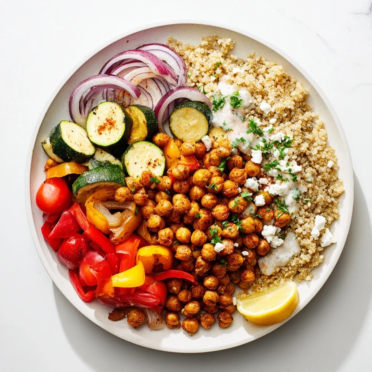 Warm, flavorful Mediterranean Chickpea and Veggie Grain Bowl topped with fresh parsley and feta, perfect for a vegan option.