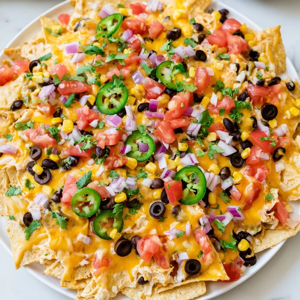 Golden, bubbly sheet pan nachos loaded with cheese, vibrant toppings, ready to devour.