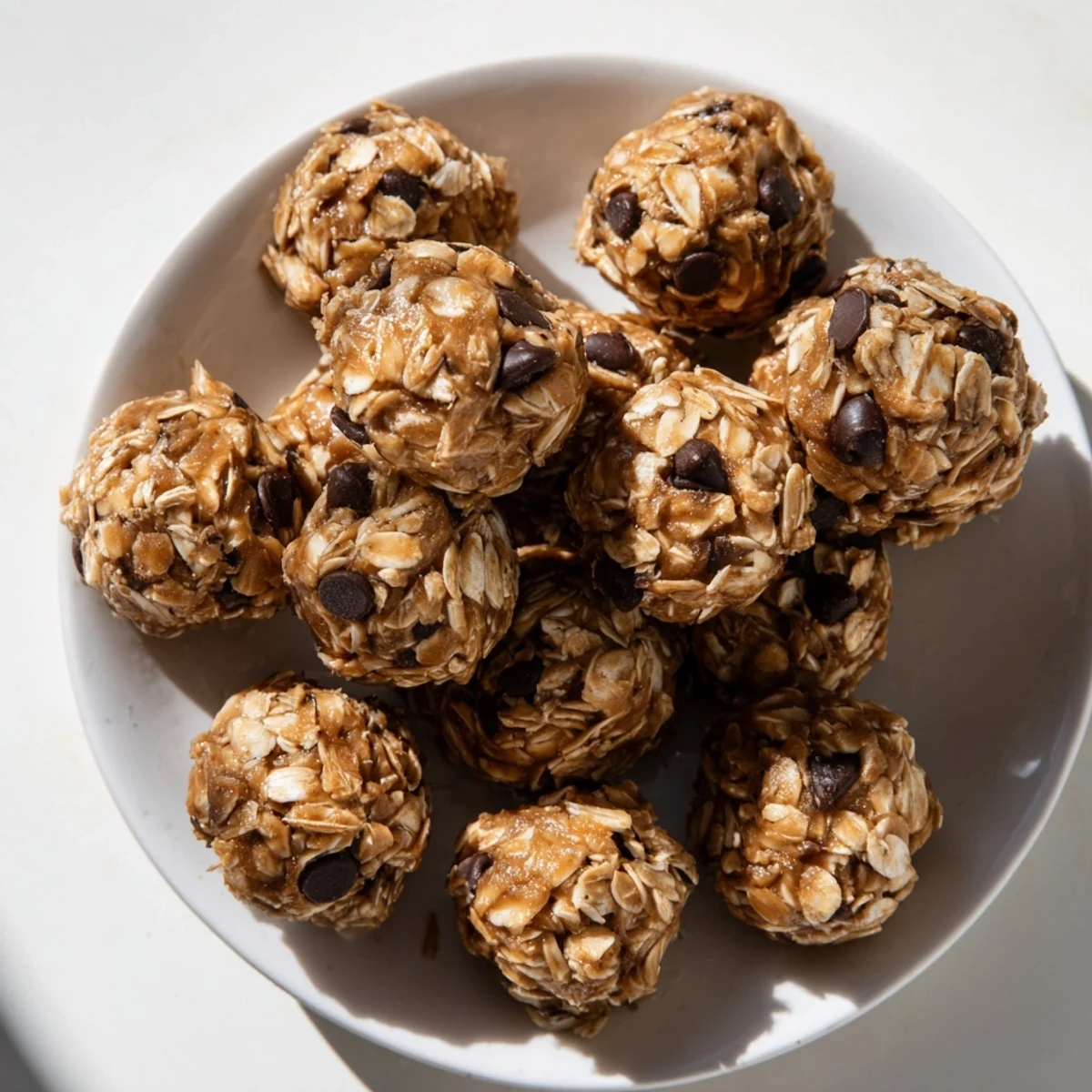 No-bake peanut butter energy balls, a delicious snack with visible chocolate chips, ready to eat.