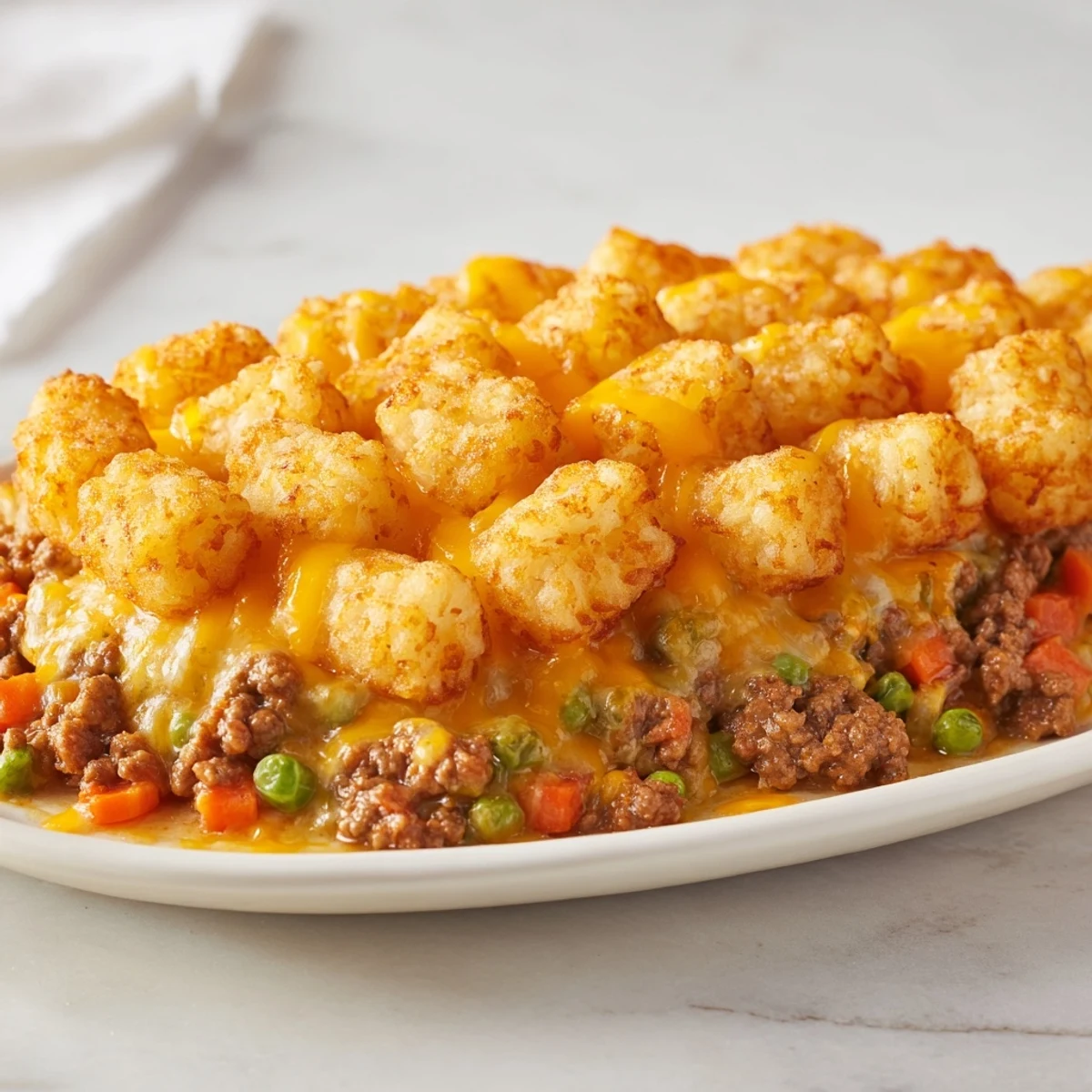 Golden, crispy tater tots crown a bubbling Family Favorite Tater Tot Casserole, full of savory beef and cheese.