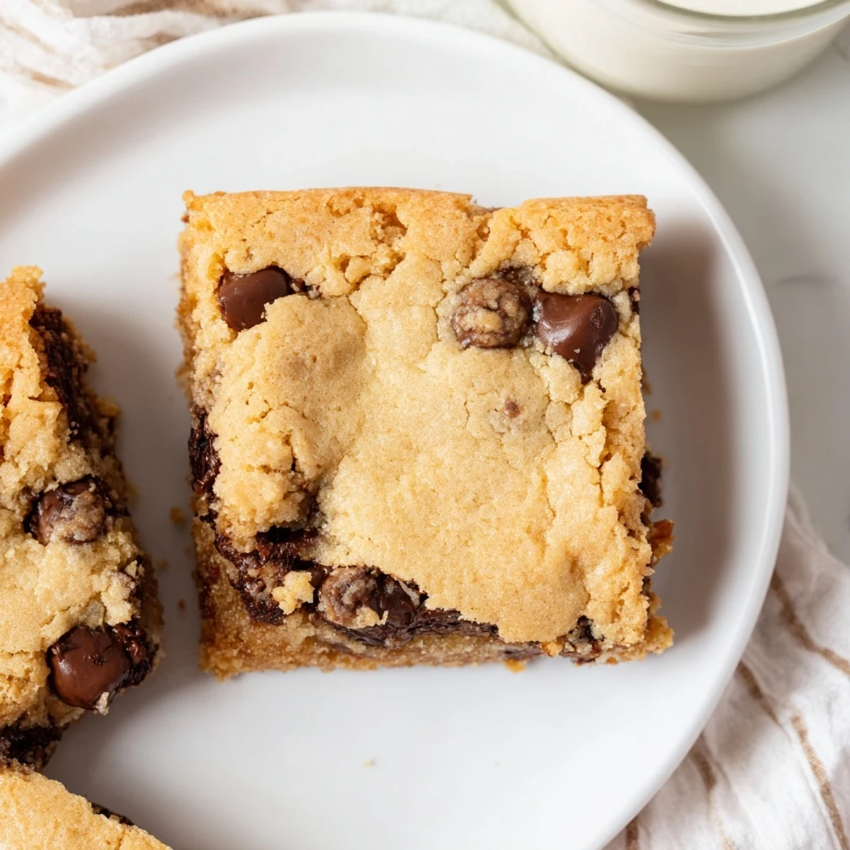 Golden, gooey chocolate chip cookie bars fresh from the oven, offering a delicious, warm treat.