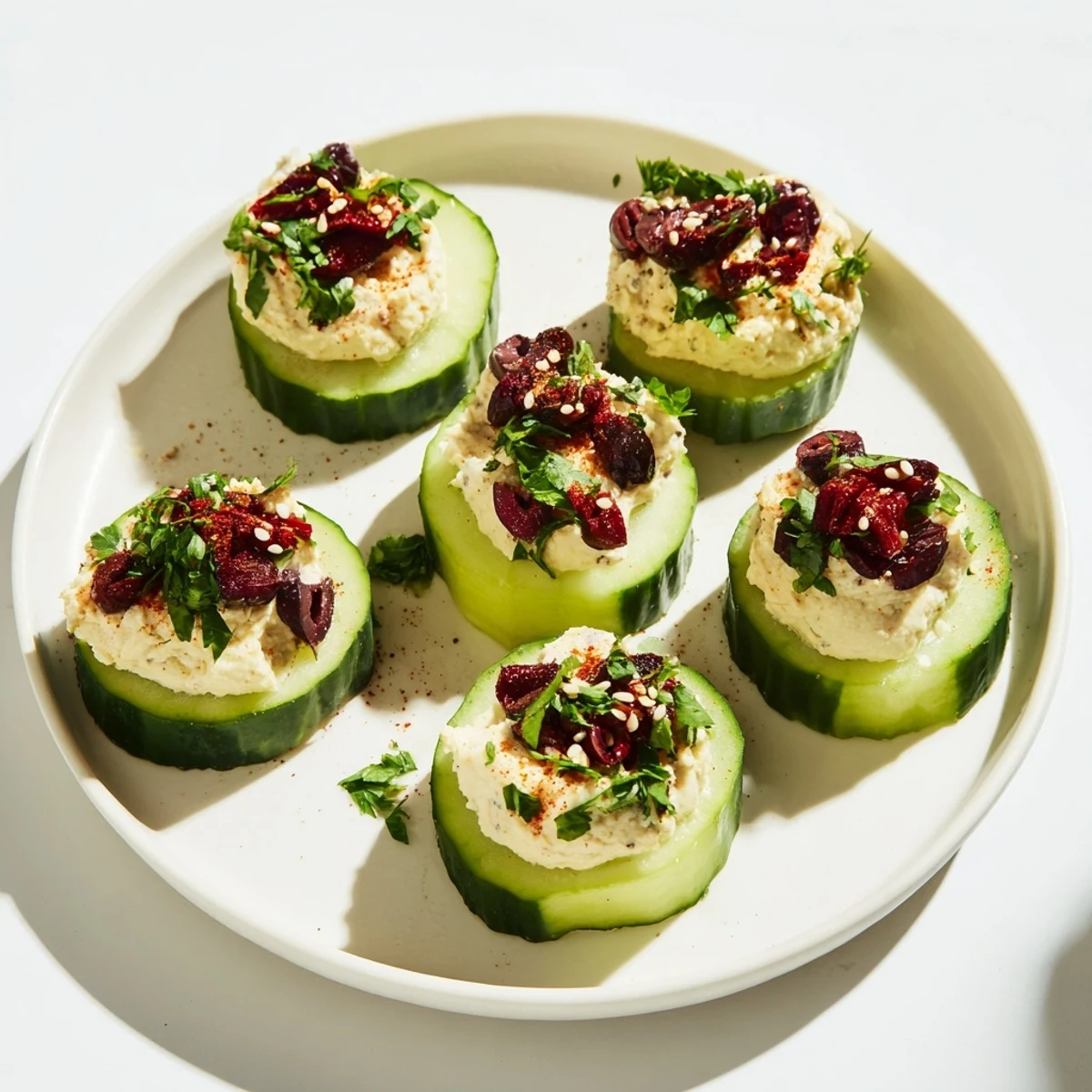 Creamy Quick Hummus and Cucumber Bites, a colorful appetizer, piled high and ready to enjoy.