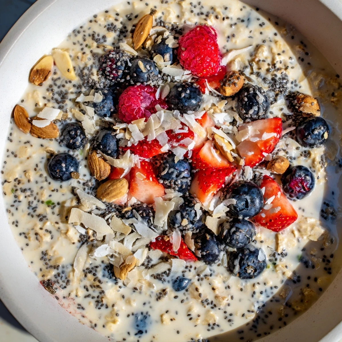 Creamy overnight oats with berries and chia seeds layered in a clear jar, ready to enjoy.