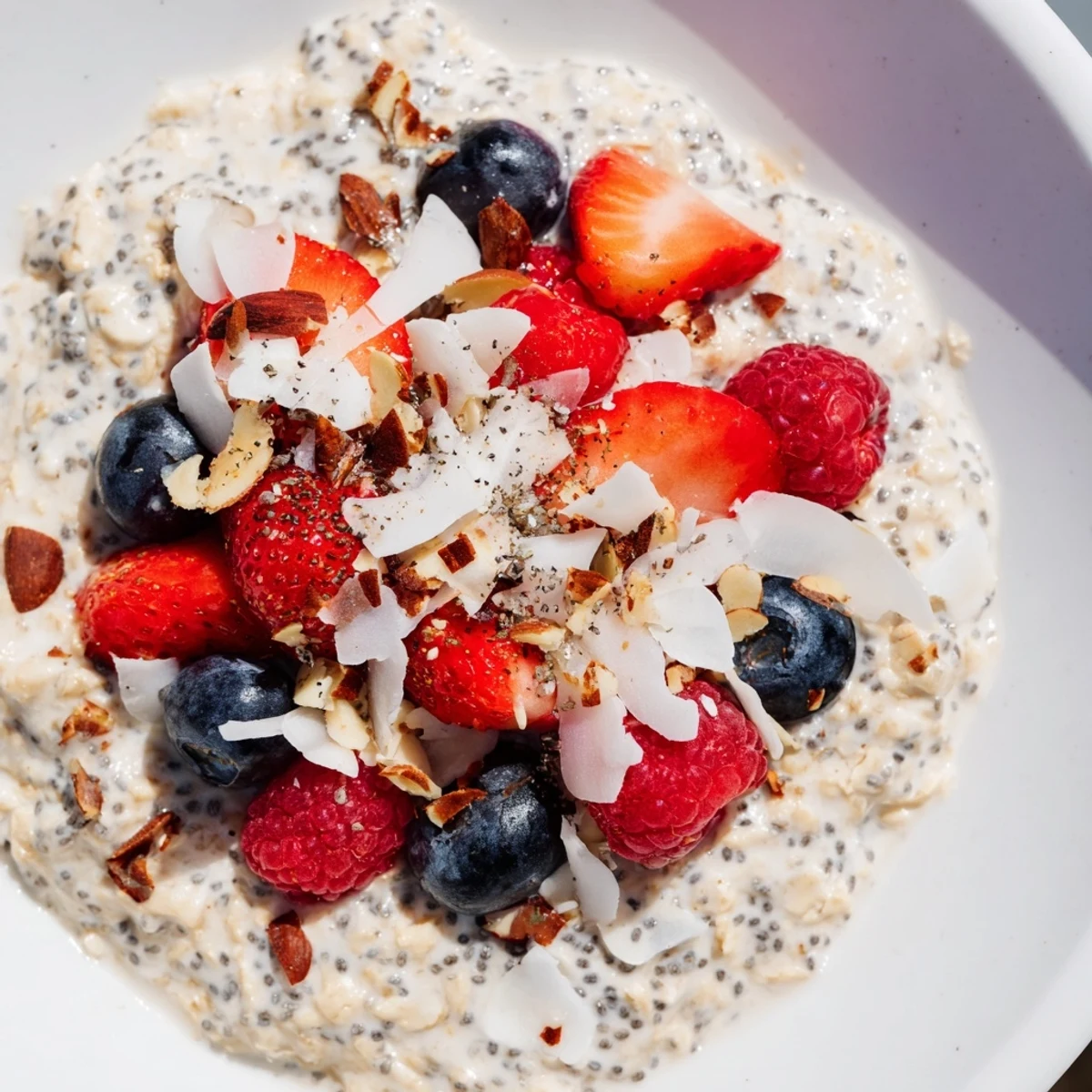 Close-up of overnight oats with berries and chia seeds, a healthy and delightful breakfast.