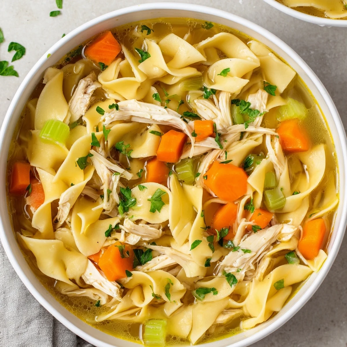 Steaming bowl of Cozy Chicken Noodle Soup shows glistening broth with tender chicken and noodles.