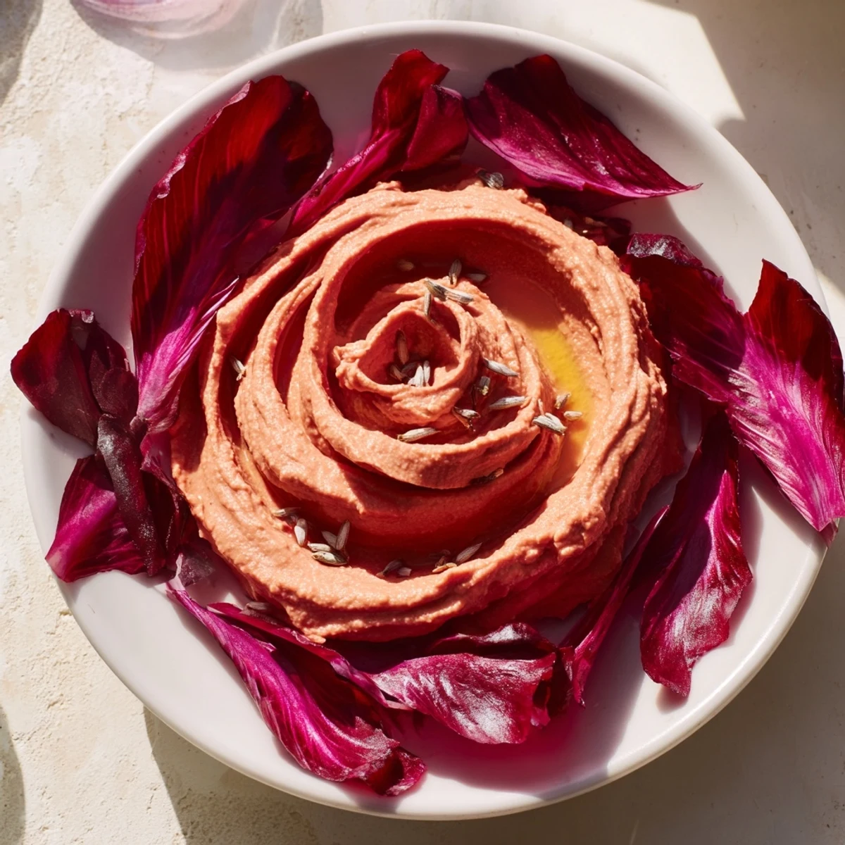 A plate of The Velvet Rose appetizer: creamy beet hummus swirled like beautiful roses.