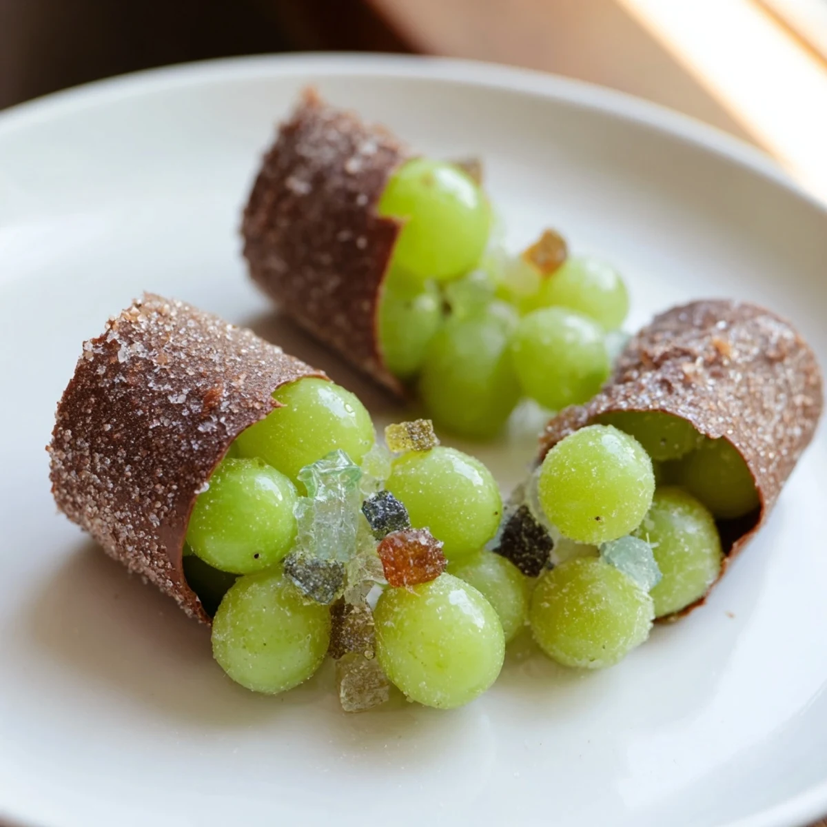 Sugared grapes and rock candy sparkle within The Crystal Cave of dark chocolate crackers.