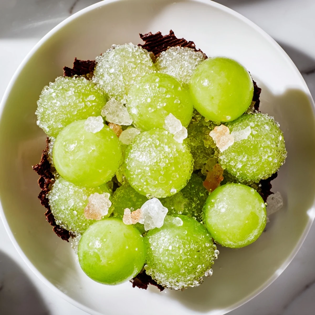 This The Crystal Cave recipe shows sugared grapes hidden in a dramatic, dark chocolate cracker cave.