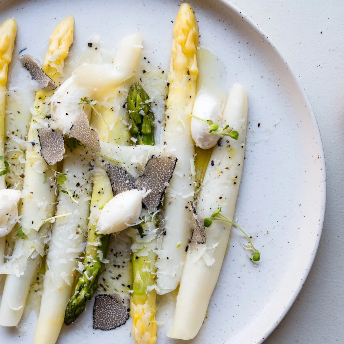 Elegant The Silver Birch starter: tender white asparagus, creamy burrata, and earthy black truffle shavings arranged.