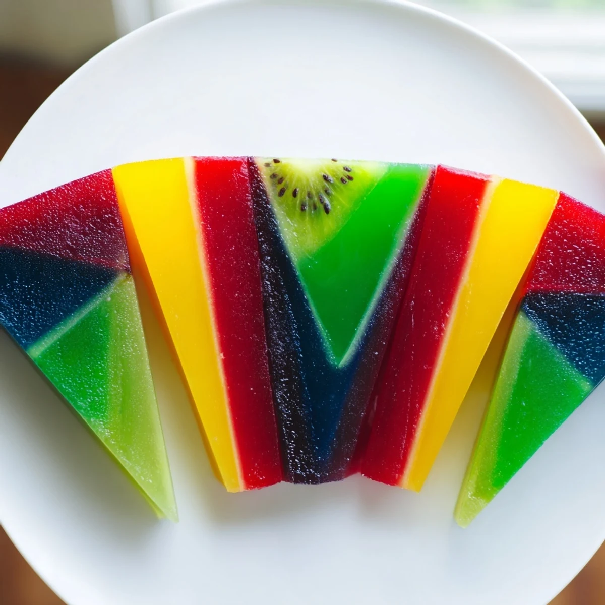 Vibrant slices of The Kaleidoscope dessert, a colorful treat with layers of fruit flavors.