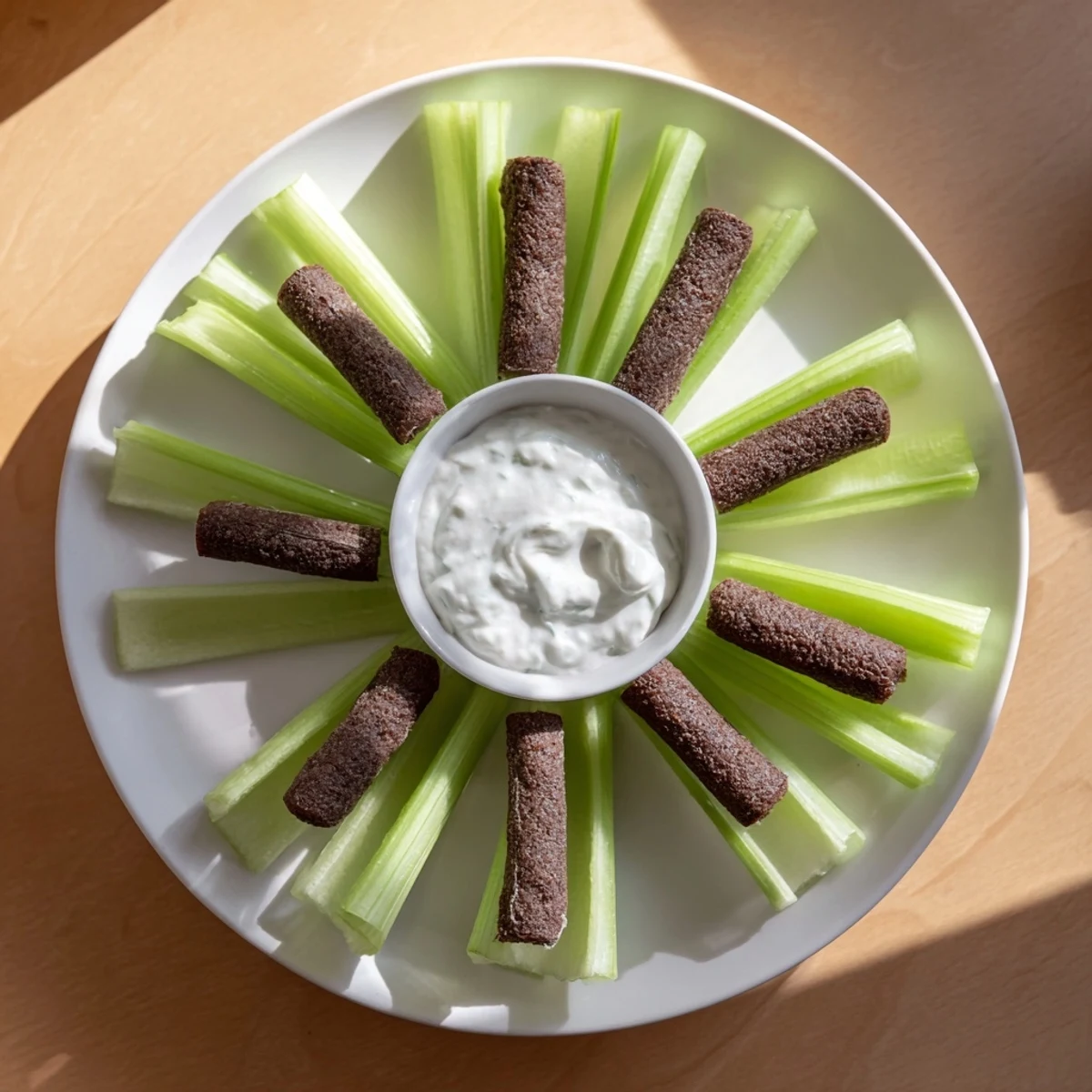 A vibrant The Rustic Wheel appetizer with savory meat sticks and crisp celery, ready to dip.