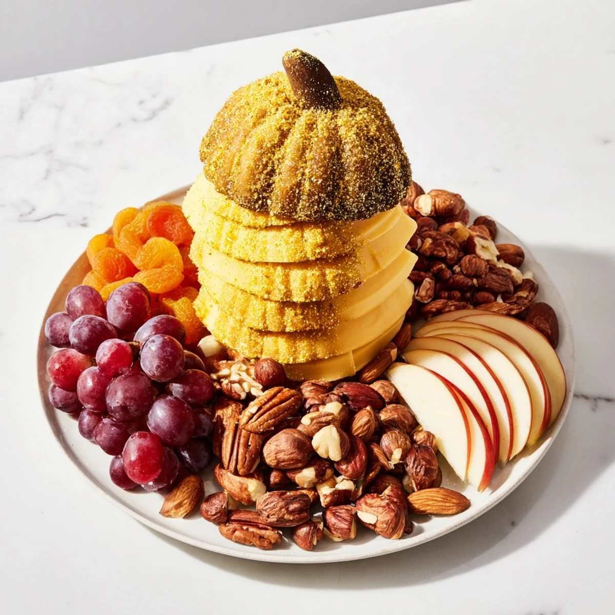 A beautifully arranged Gilded Acorn charcuterie board: golden almonds, acorn cheese, and fresh fruit.