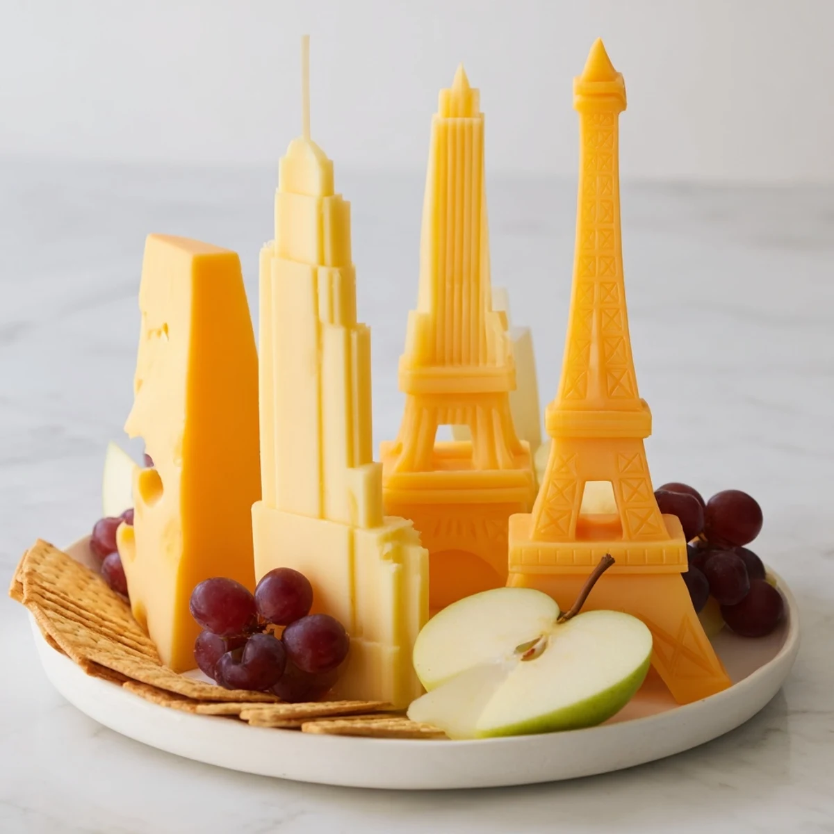 A vibrant Skyline Silhouette cheese platter with Gouda and cheddar shaped like city buildings.