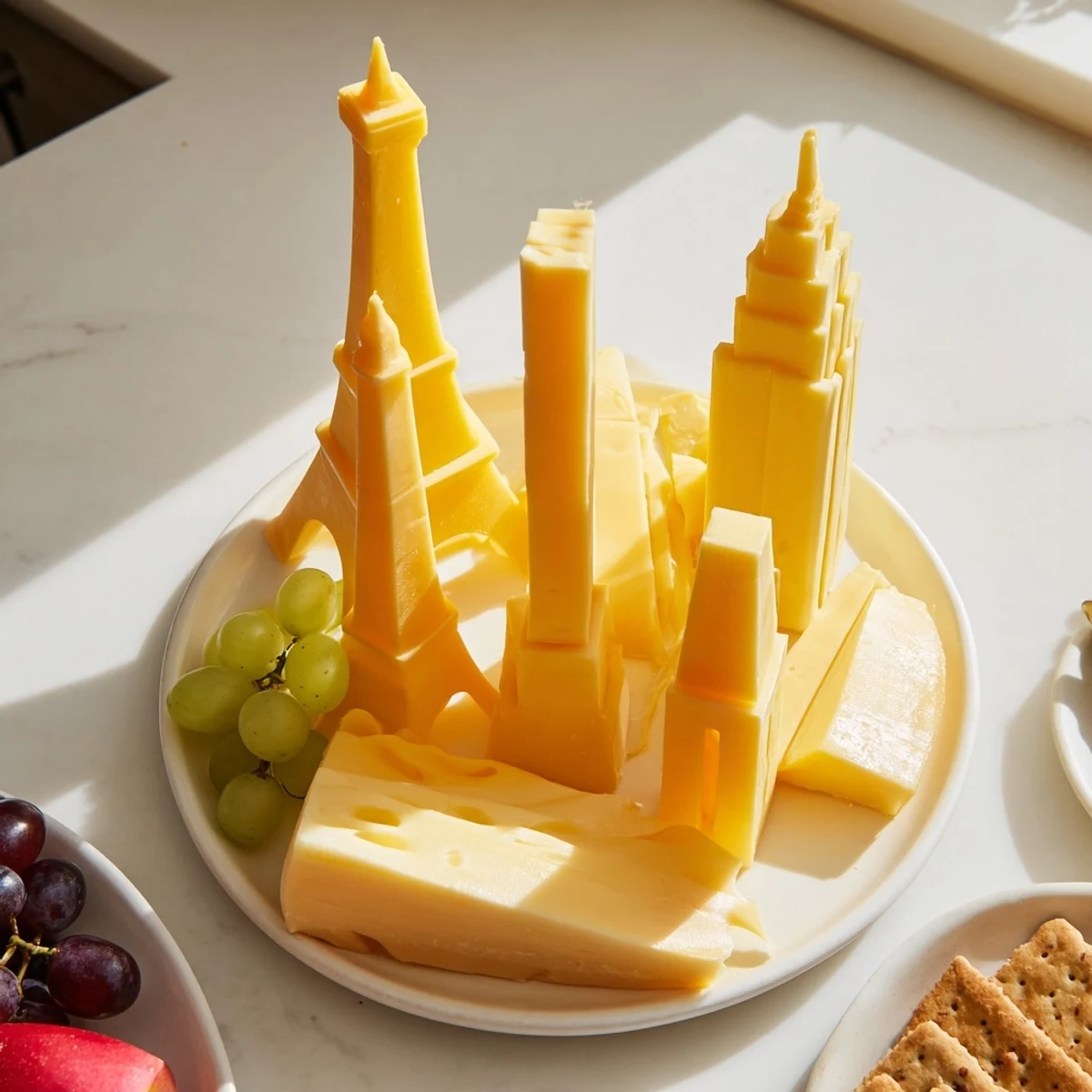 The Skyline Silhouette appetizer: a stunning cheese and fruit arrangement ready for serving.