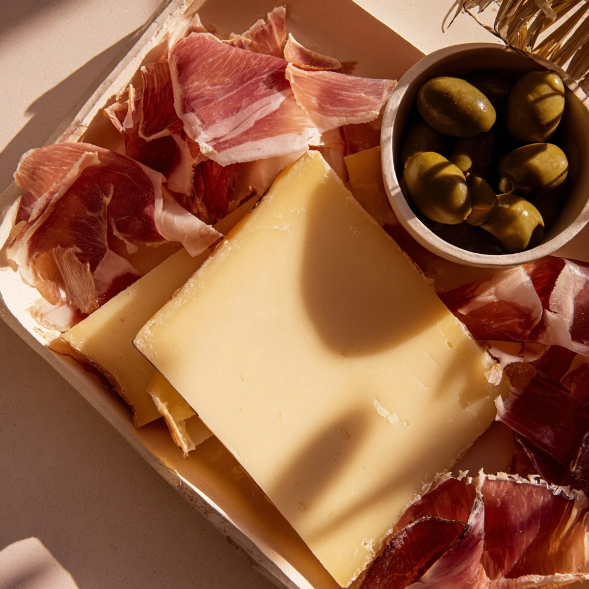 Elegant cheese board with aged Comté, Jamón Ibérico, and olives, a minimalist appetizer.