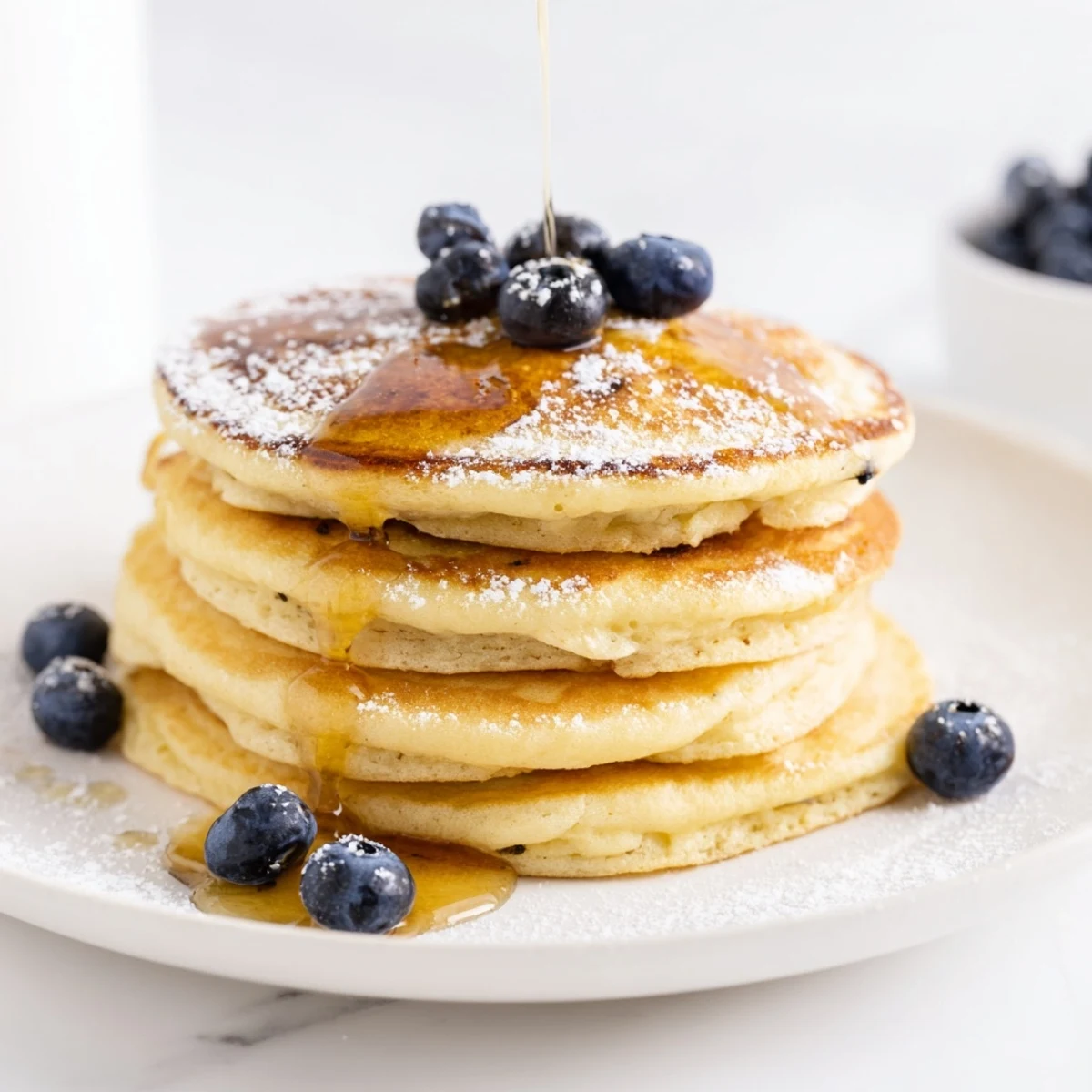 Fluffy, golden Light and Fluffy Ricotta Pancakes, served with fresh berries and maple syrup, look delicious.