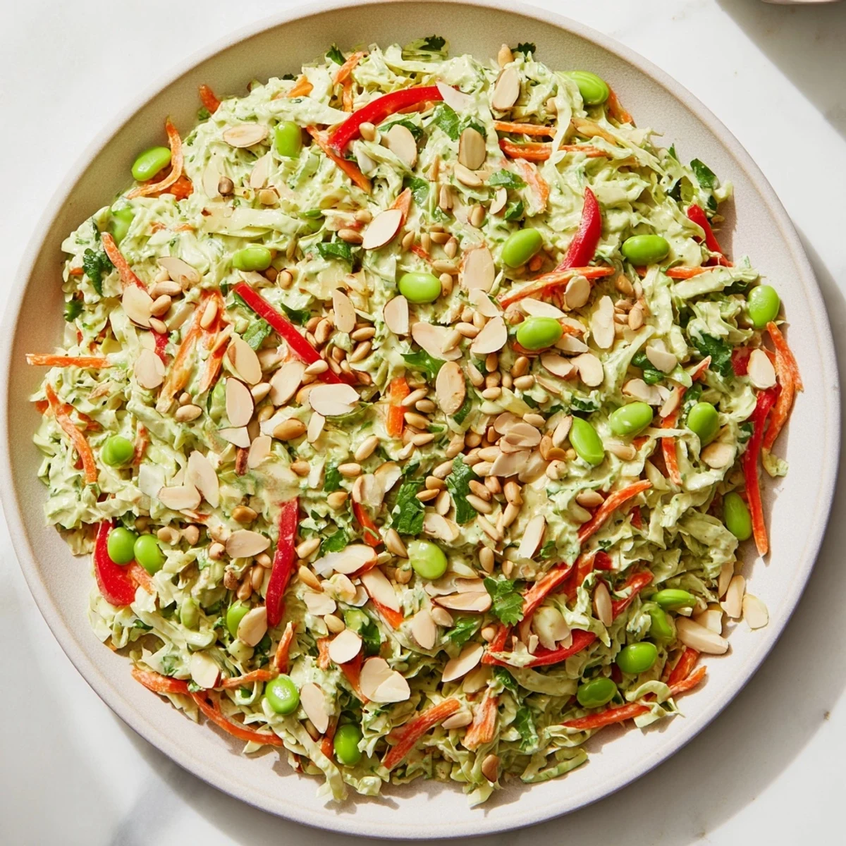 A refreshing bowl of Crunchy Cabbage and Edamame Salad, garnished with toasted almonds and fresh herbs.