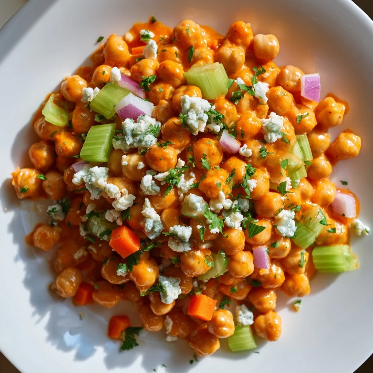 Spicy buffalo sauce coats the chickpeas in this filling buffalo chicken bean salad.
