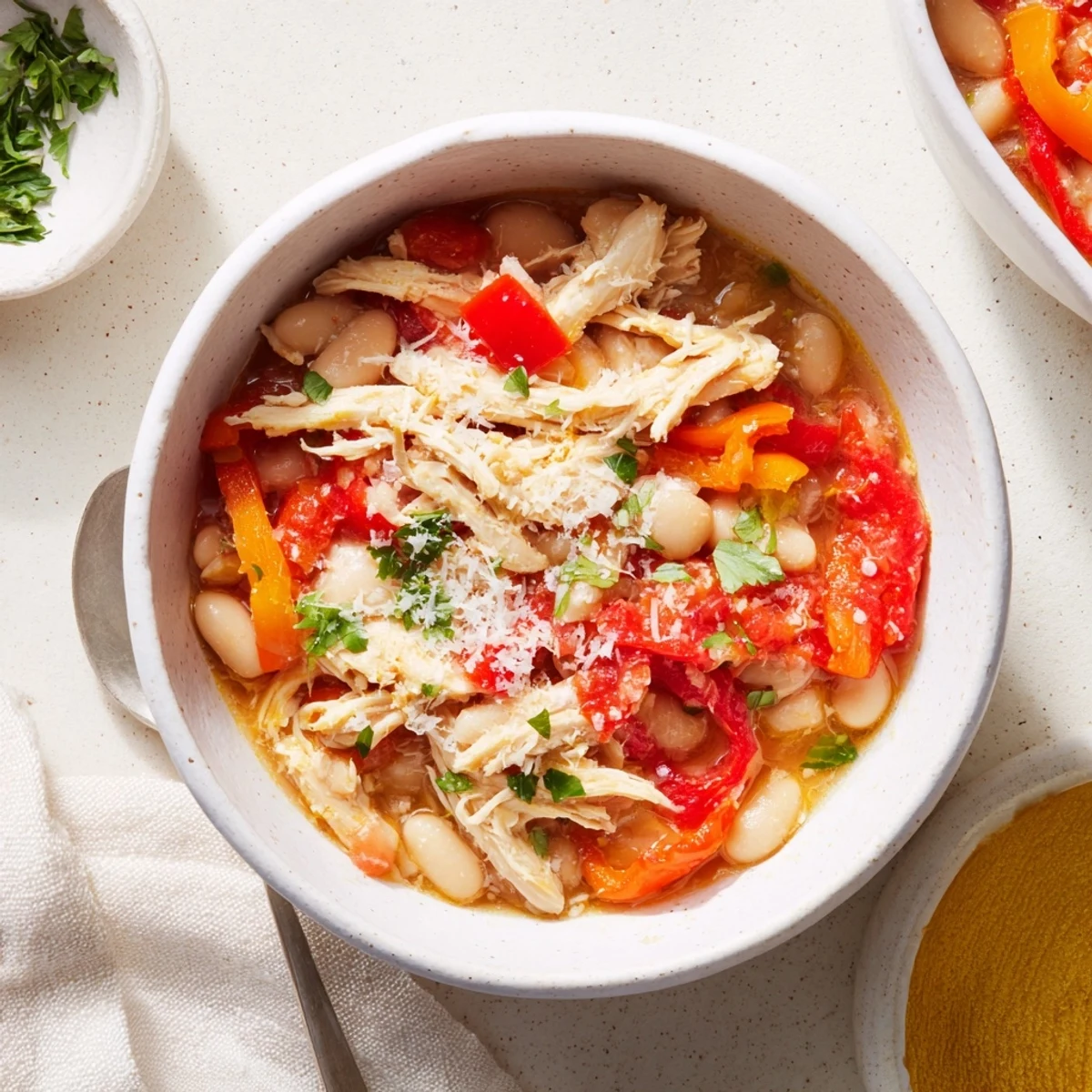 A steaming pot of White Bean and Roasted Red Pepper Chicken, rustic and inviting, ready to be served.