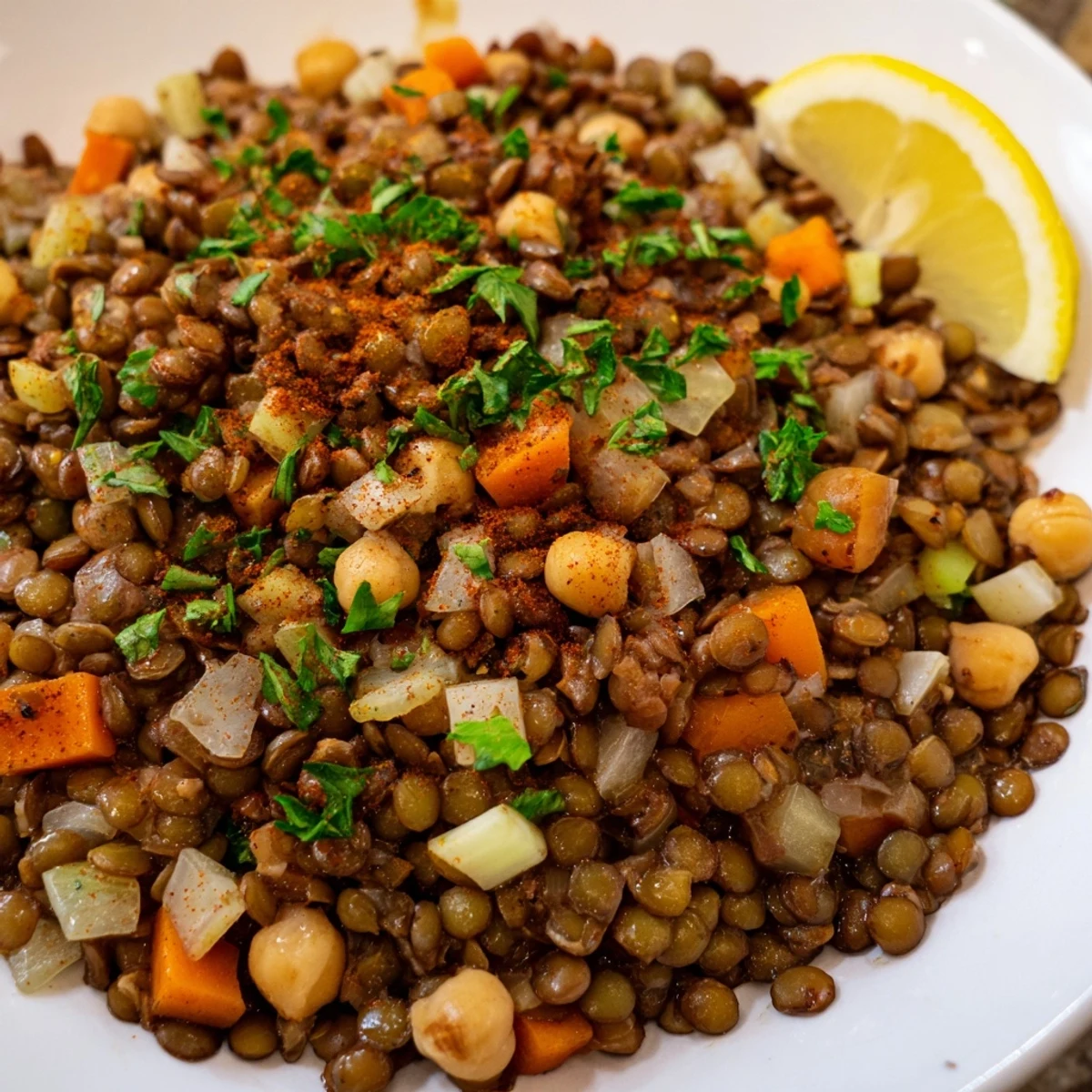 Steaming bowl of Middle Eastern lentil and chickpea stew, garnished with fresh parsley and lemon wedges.