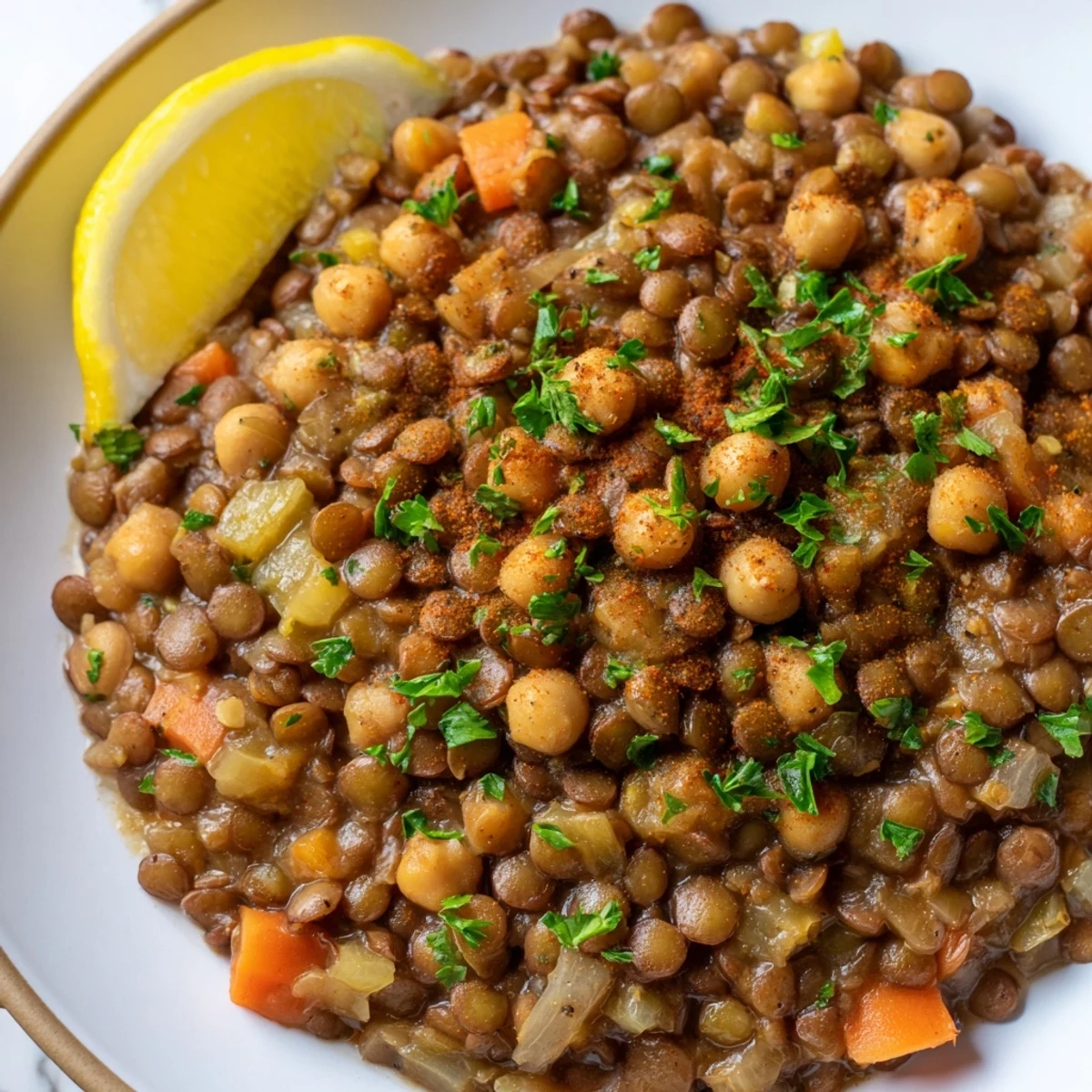 A flavorful spoonful of Middle Eastern lentil and chickpea stew, perfect for a cozy, vegan dinner.
