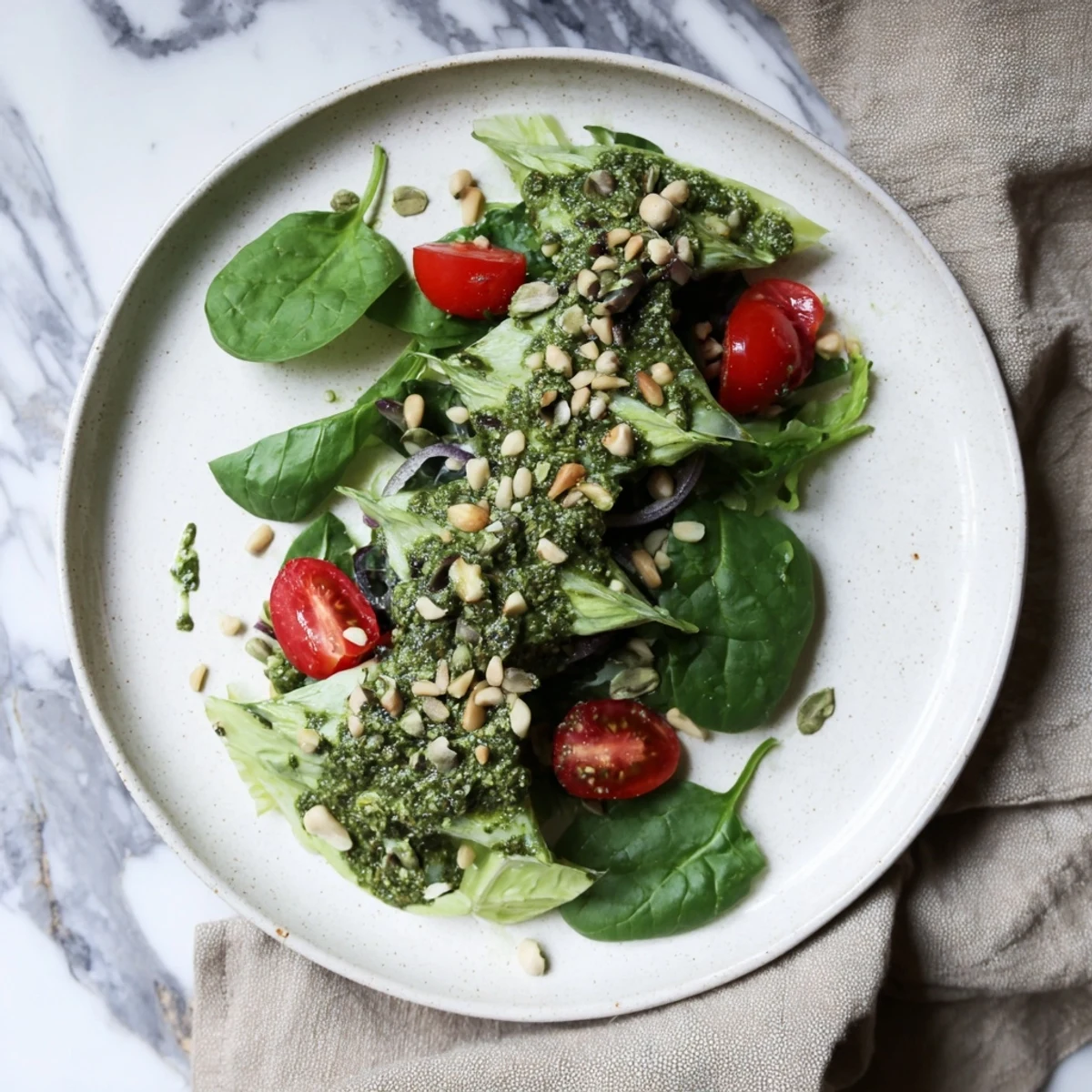 Vibrant Pesto Chickpea and Spinach Salad with juicy tomatoes and creamy, flavorful pesto dressing.