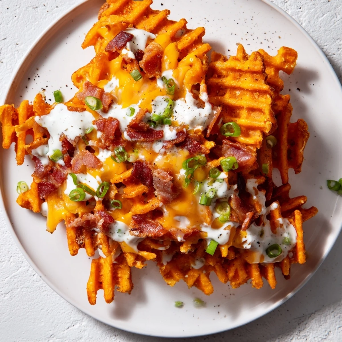 Close-up of savory Loaded Sweet Potato Fries, featuring bacon crumbles and fresh green onion garnish.
