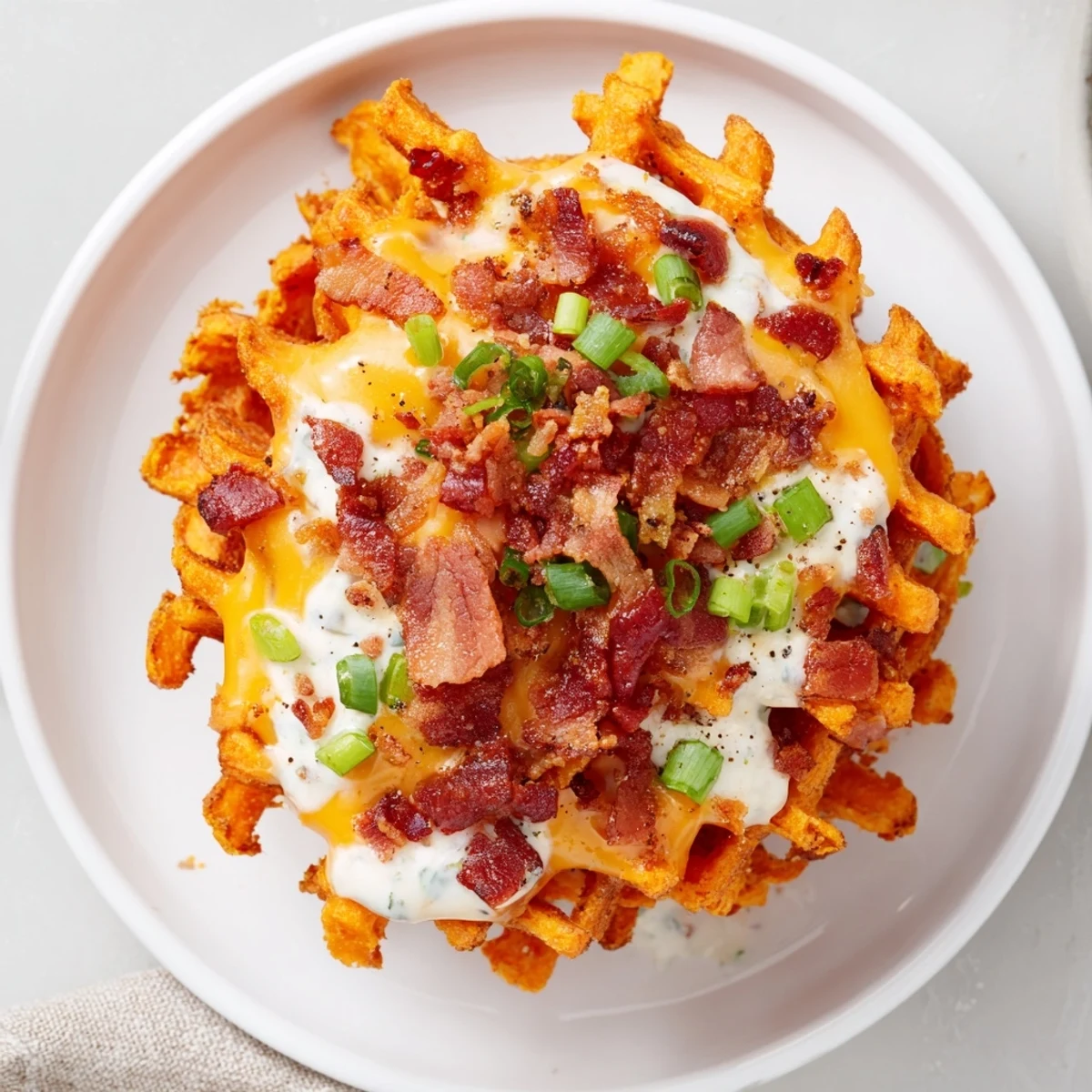 A platter of Loaded Sweet Potato Fries—crispy waffle fries smothered with cheese and ranch dressing.