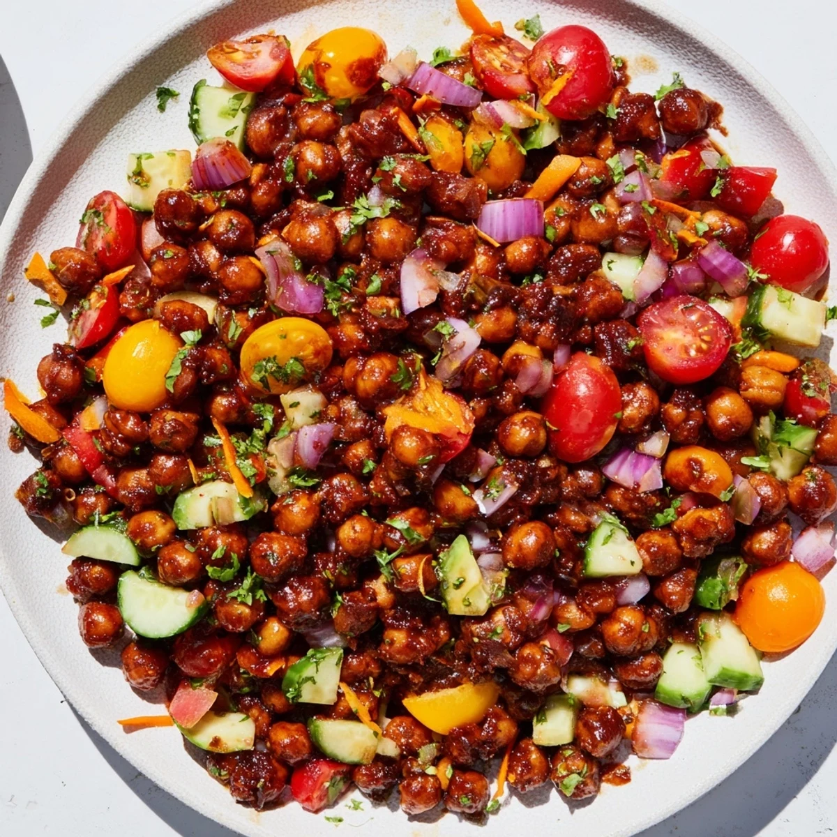 Smoky BBQ Chickpea Salad glistening with fresh vegetables, perfect for a summer lunch.