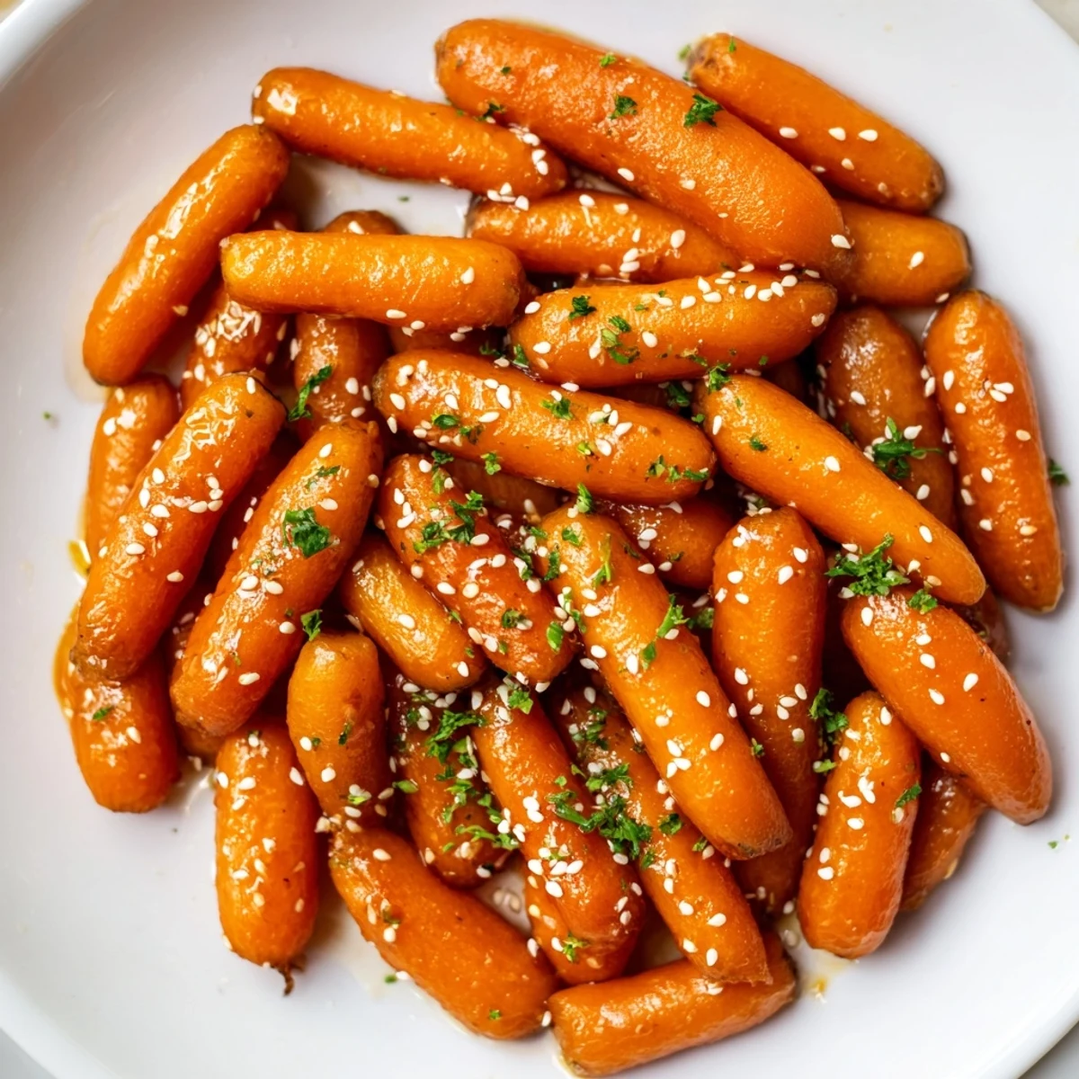 Shiny honey soy roasted carrots, caramelized and glistening, are a delightful side dish.
