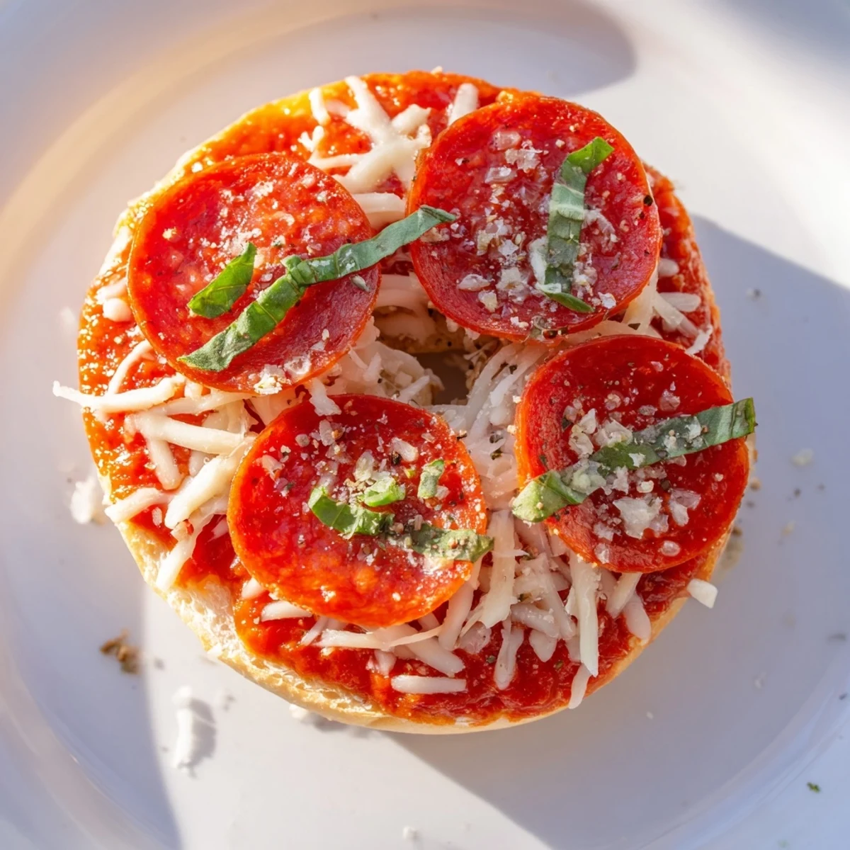Golden brown mini pepperoni pizza bagels, bubbling with melted cheese, perfect for a quick snack.