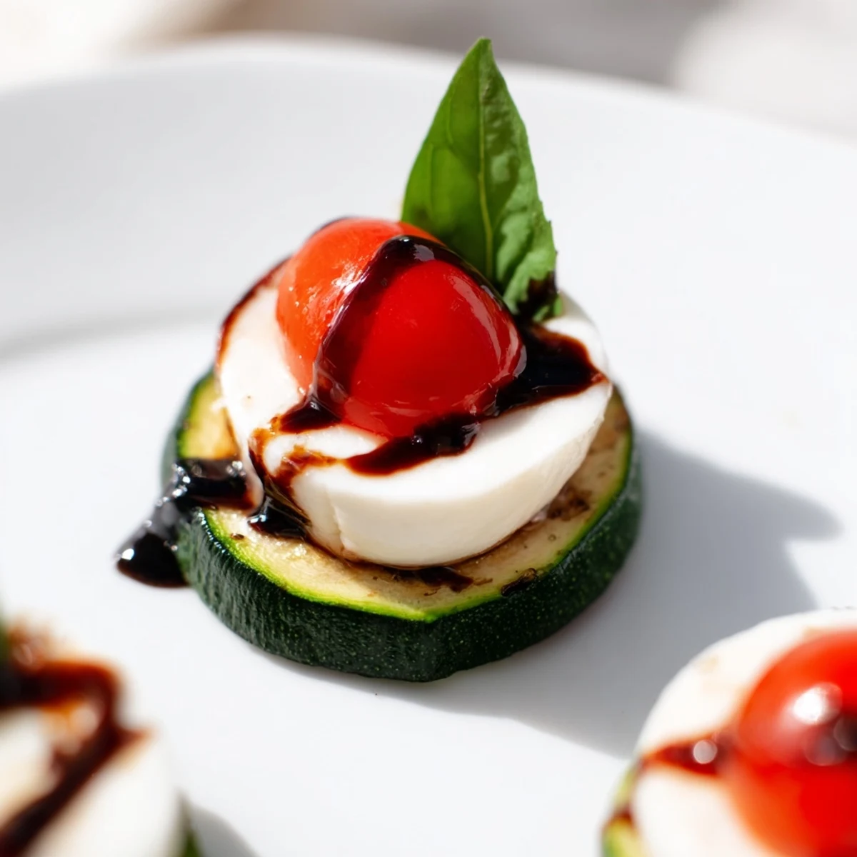 Savory zucchini Caprese bites, featuring fresh basil and juicy tomatoes, drizzled with balsamic glaze.