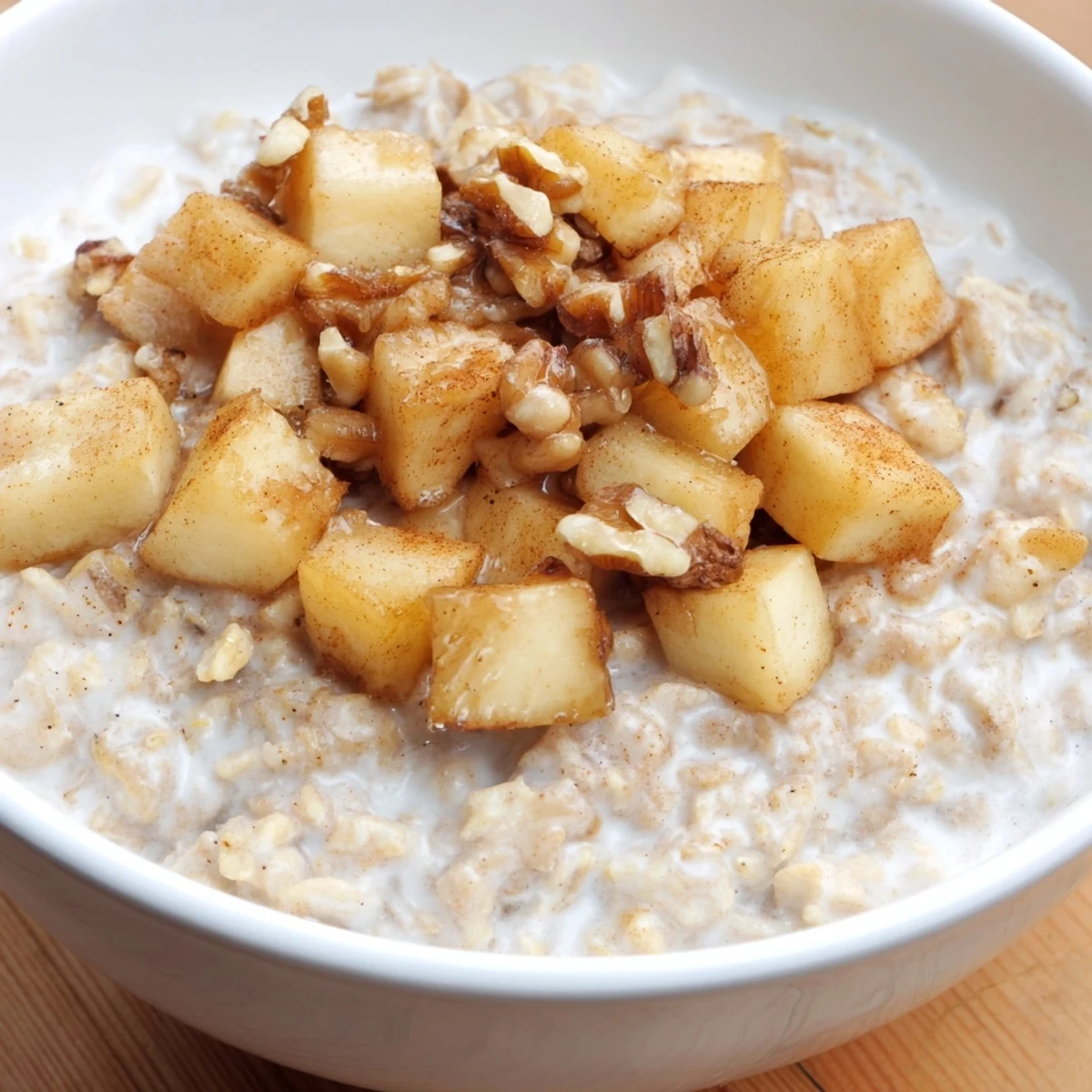 Golden, warm apple pie oatmeal bowl boasts tender apples and a cinnamon-kissed, creamy texture.
