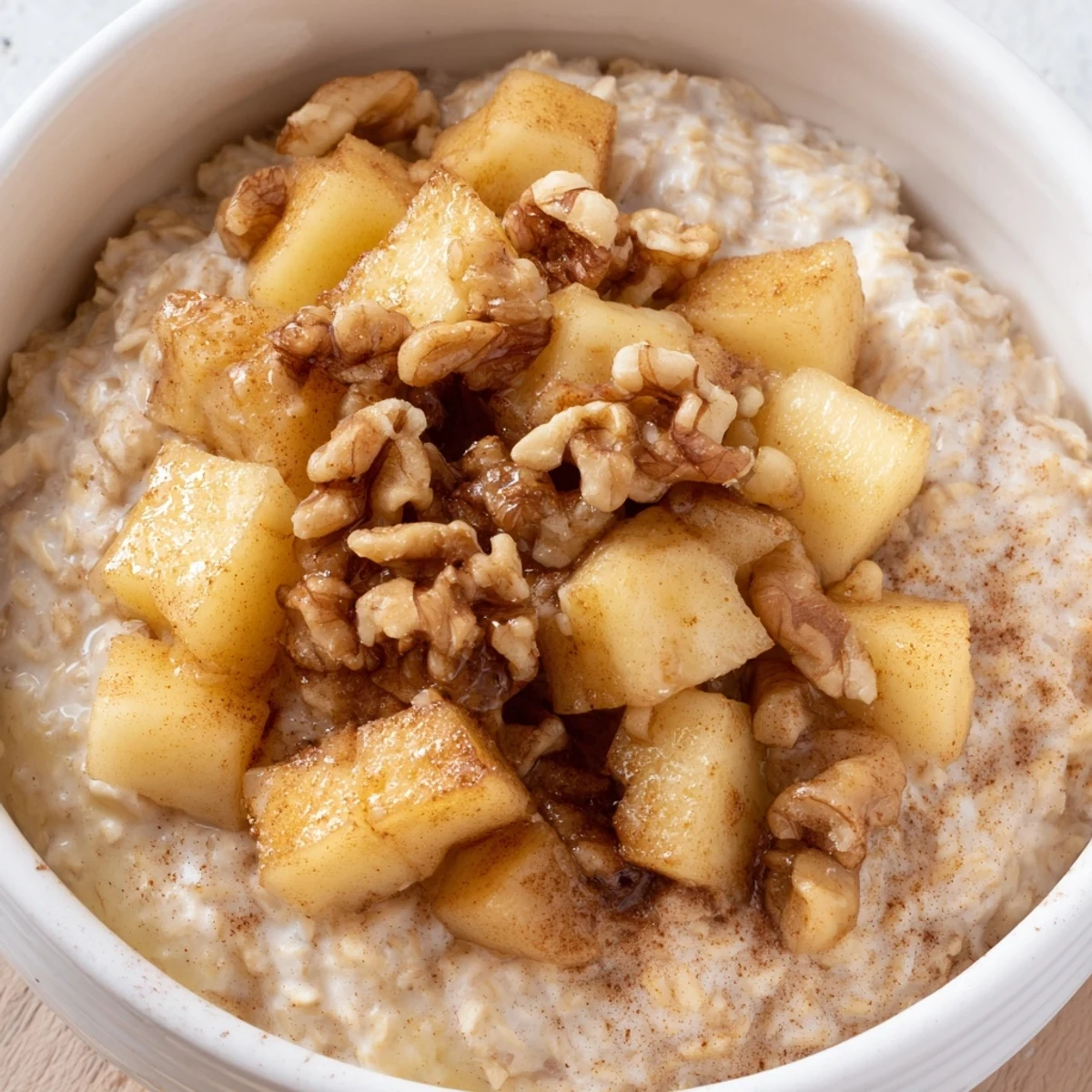 A comforting apple pie oatmeal bowl steaming with spiced apples, perfect for a cozy breakfast treat.