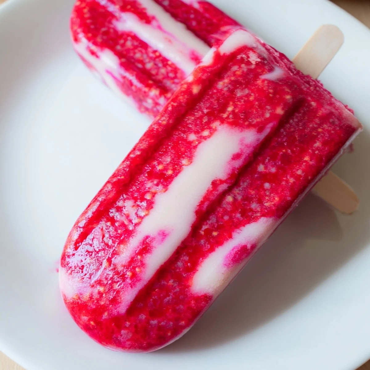 Creamy swirled Raspberry Coconut Ice Pops, bursting with fresh berry flavor and coconut cream texture.