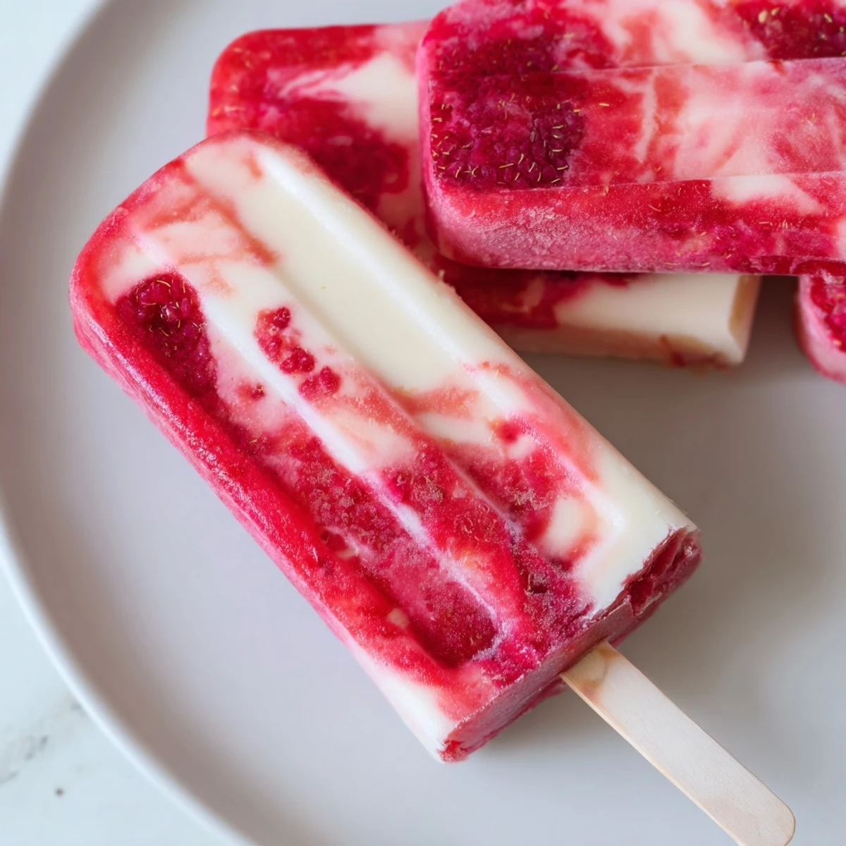 Homemade Raspberry Coconut Ice Pops cooling in a frosty mold, ready for a refreshing summer snack.